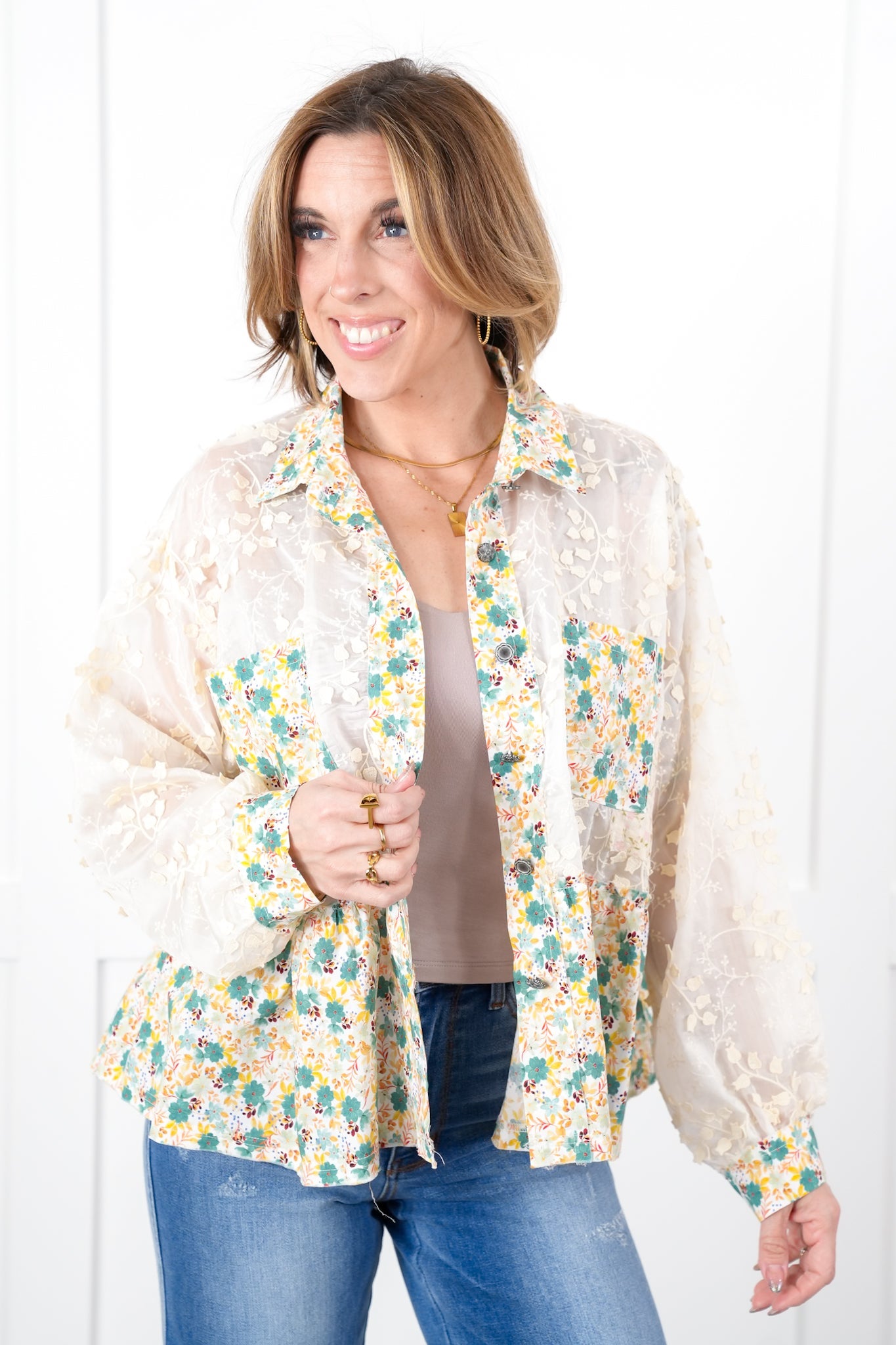 POL Sheer Lace Long Sleeve Button Down Top with Floral Detail