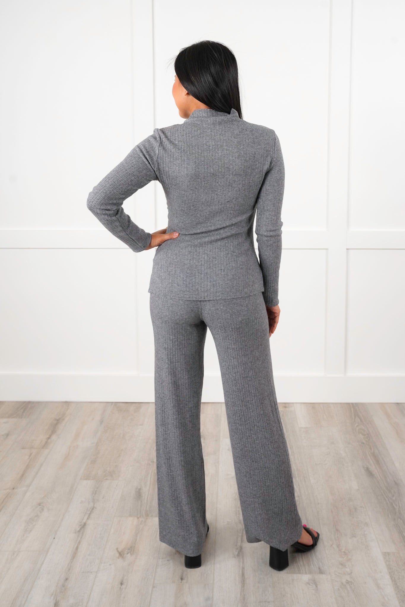 Ribbed Knit Long Sleeve Top and Wide Leg Pants Set