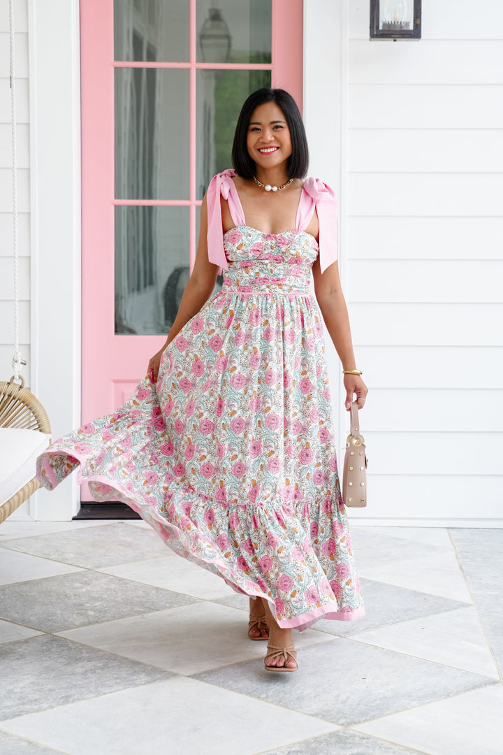 Rose Floral Sleeveless Maxi Dress with Ribbon Tie Straps