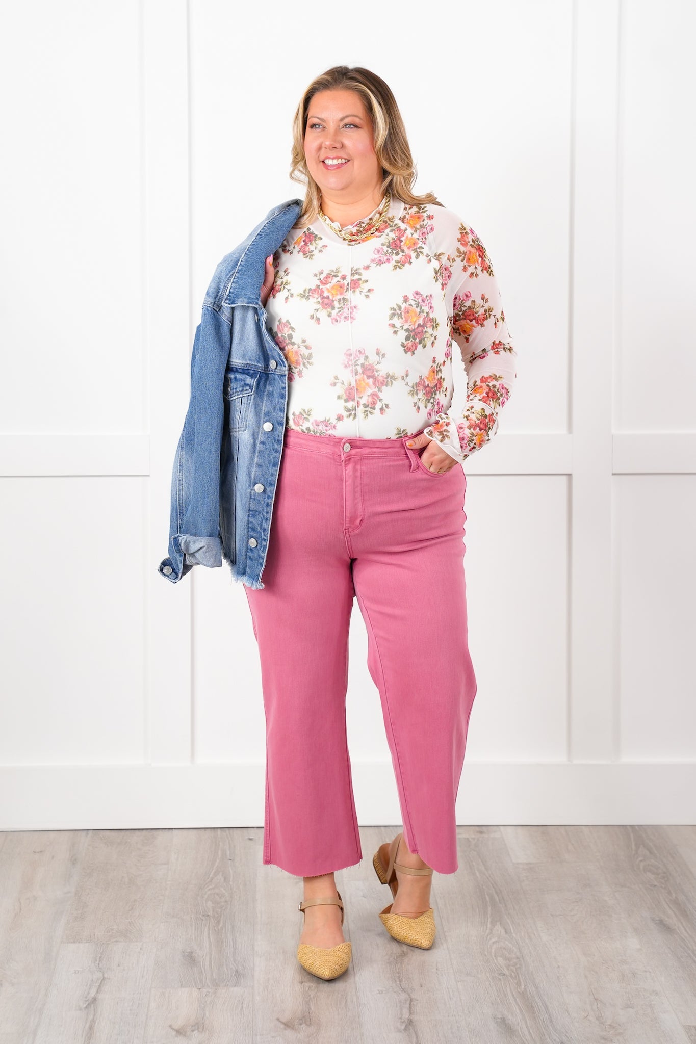 Plus/Reg Floral Long Sleeve Mock Neck Mesh Top