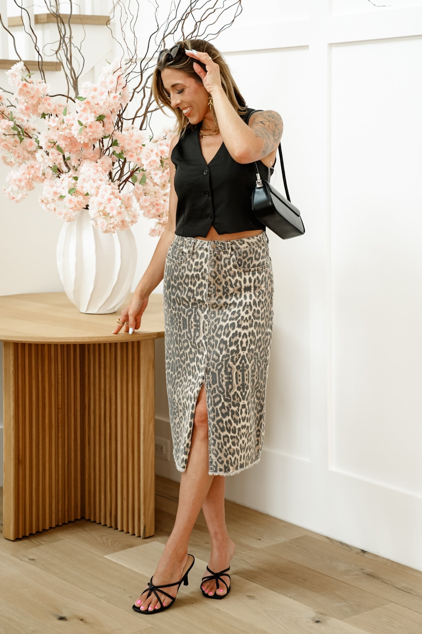 Animal Print Middle Slit Skirt with Fray Hem Detail