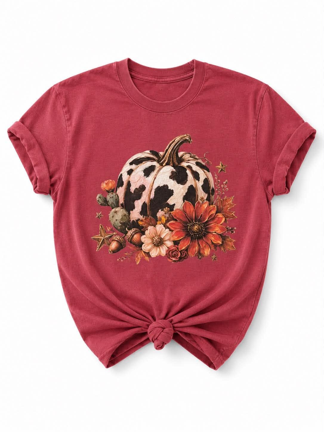 Plus/Reg Short Sleeve Cow Print Pumpkin Autumn Graphic Tee - Freckled Poppy