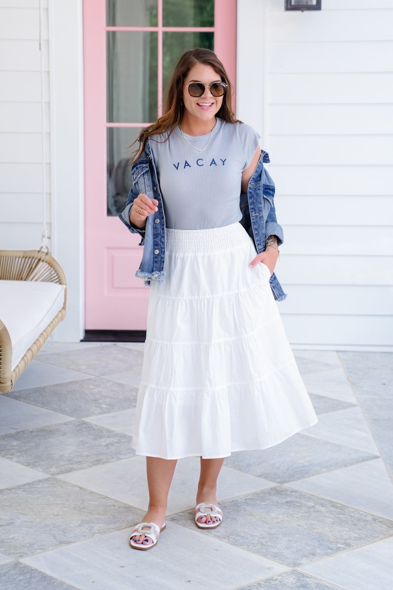 Embroidered "VACAY" Ribbed Knit Short Sleeve Top
