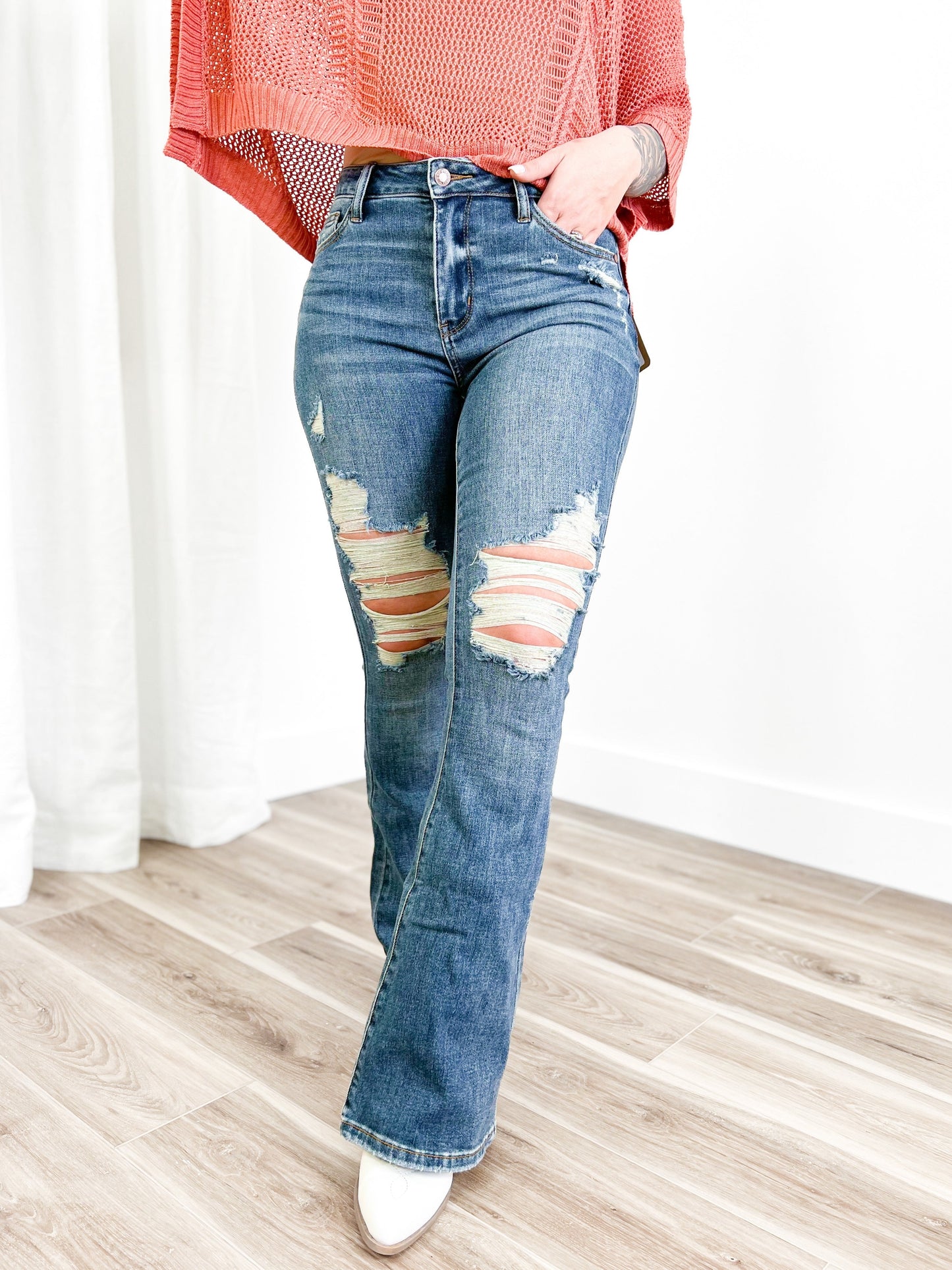 Judy Blue Country Roads Medium Wash Mid Rise Distressed Flare Long Inseam Jeans