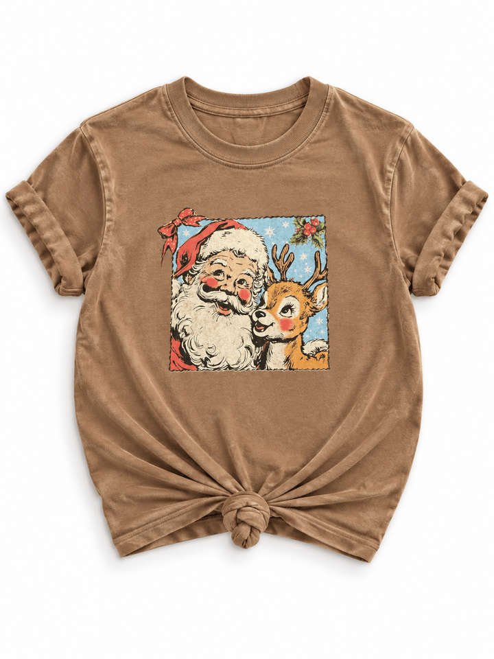 Plus/Reg Short Sleeve Vintage Santa and Reindeer Graphic Tee - Freckled Poppy