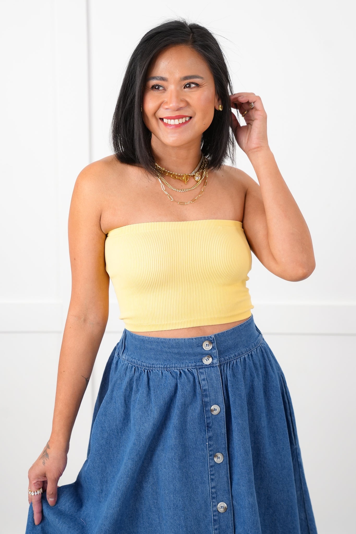 Ribbed Knit Cropped Tube Top with Non Slip Detail