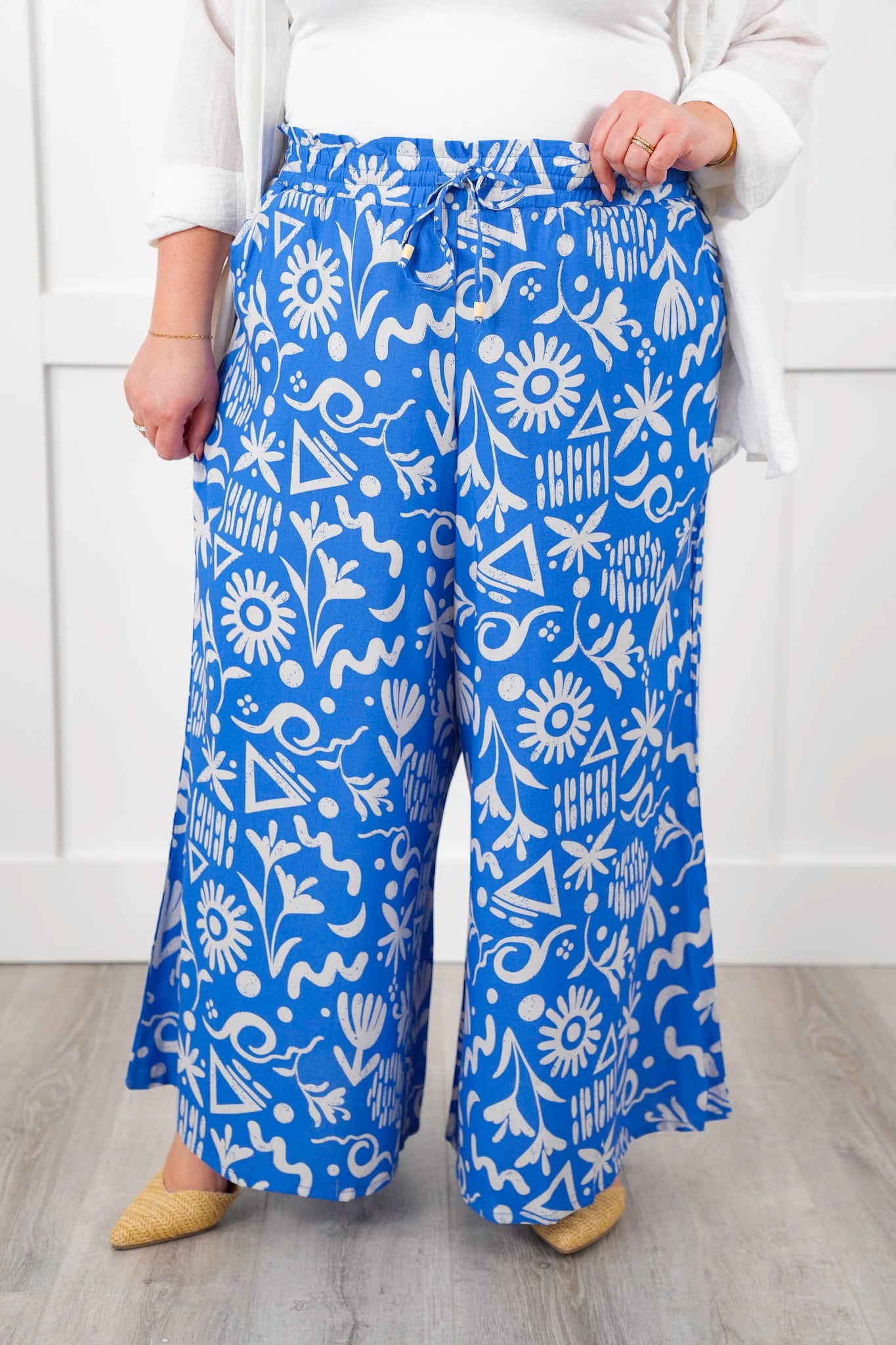 Plus/Reg Tropical Print Elastic Waist Wide Leg Pants