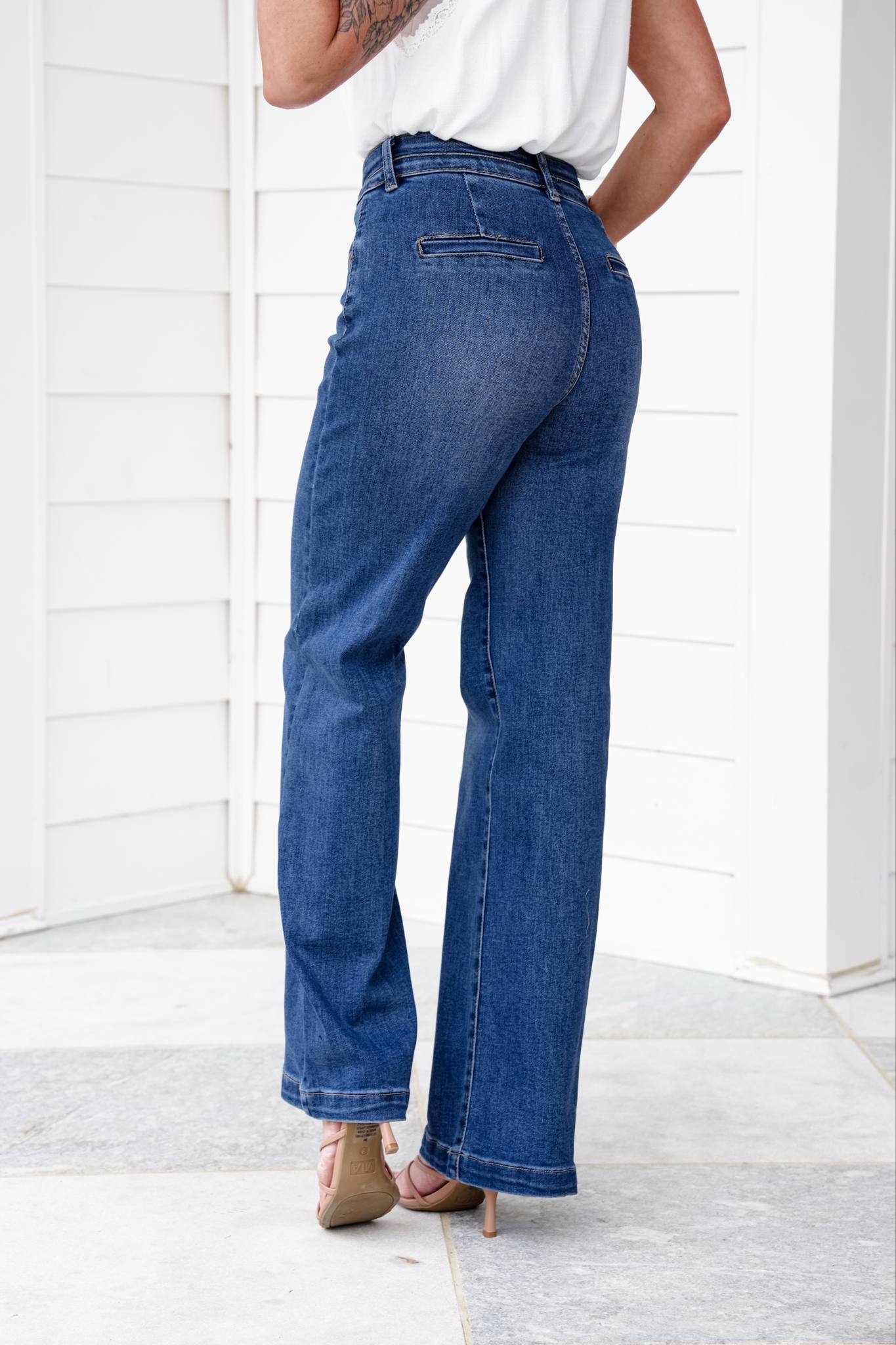Risen Material Girl High Rise Medium Wash Tummy Control Double Button Elastic Waistband Jeans