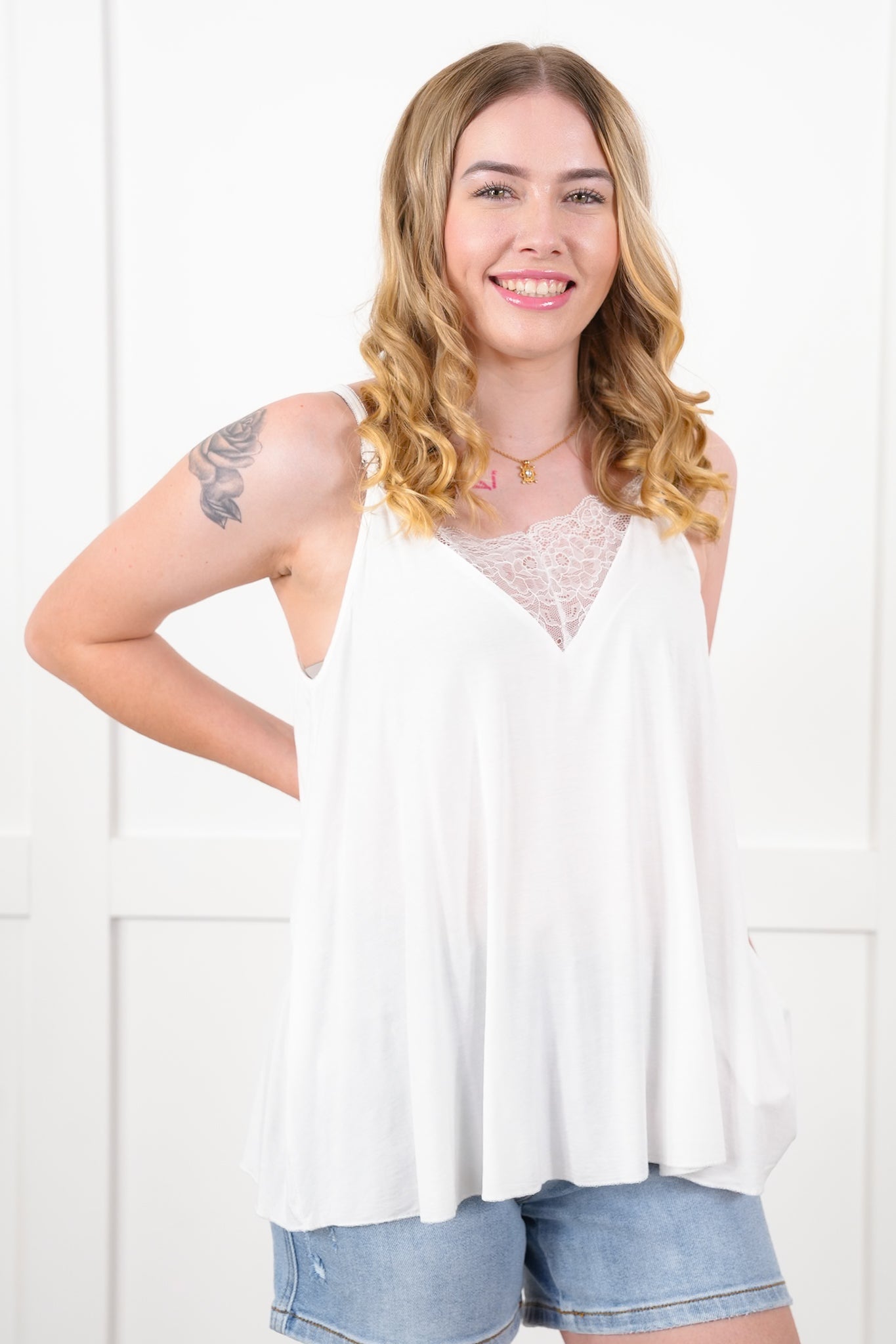 POL Sleeveless V Neck Tank Top with Lace Detail