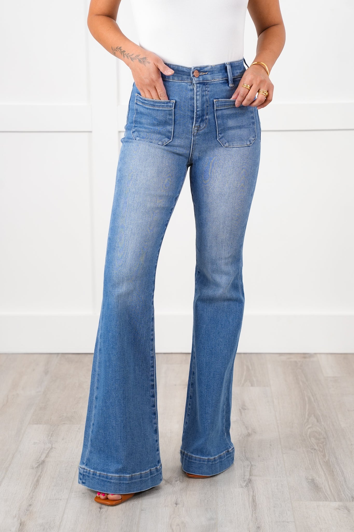Risen High Rise Medium Wash Elastic Waistband Flare Front Patch Pocket Jeans