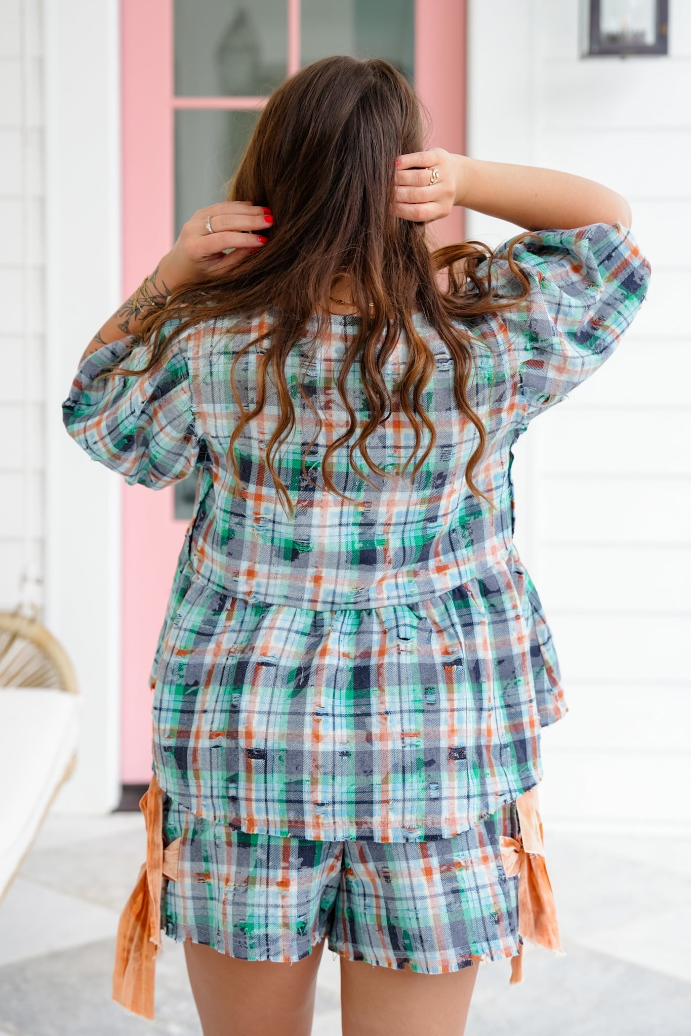 Distressed Mineral Washed Plaid Short Sleeve Bow Tie Top with Shorts Set