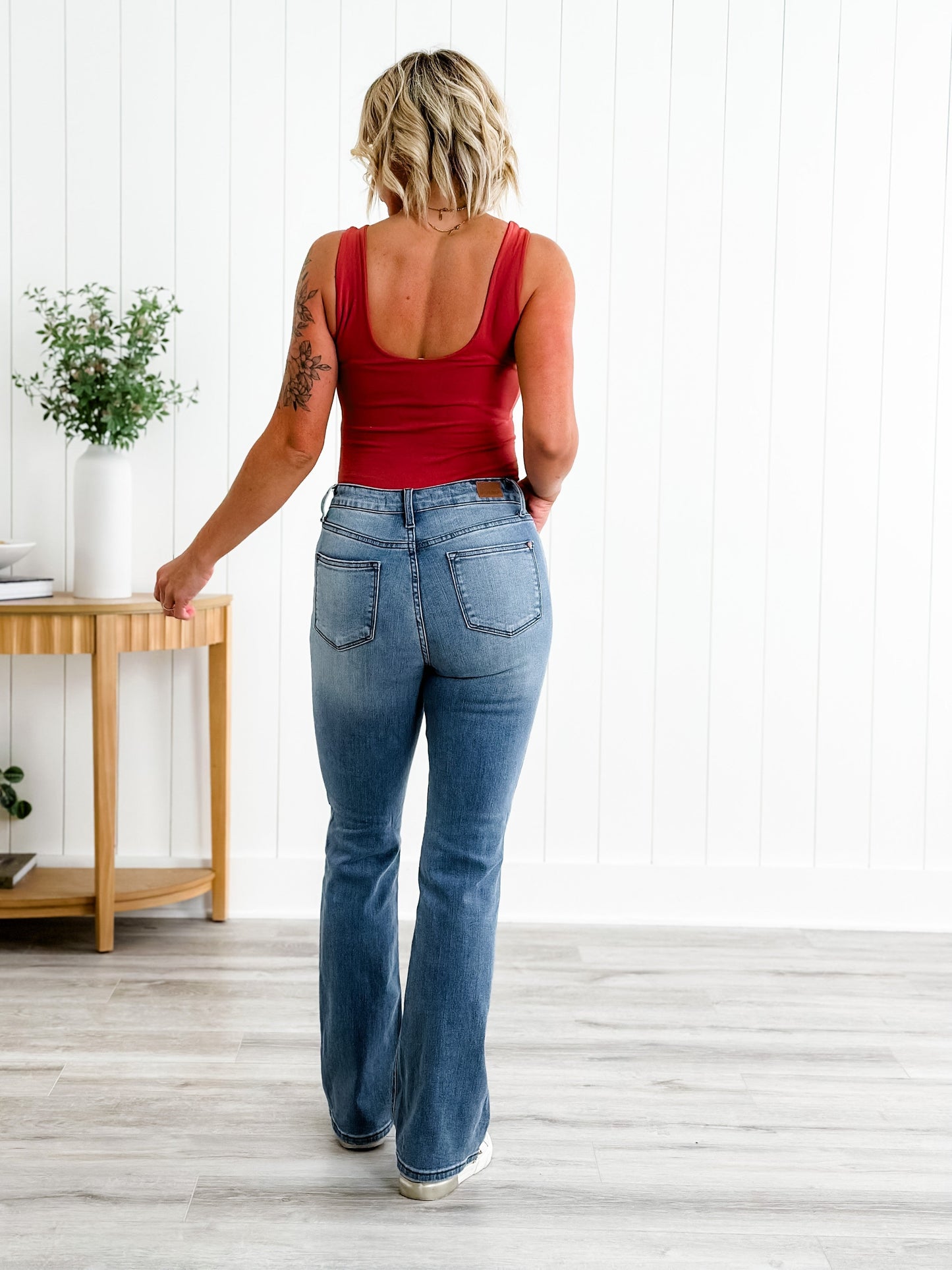 Judy Blue Plaid for You Mid Rise Medium Wash Bootcut Jeans With Patch Detail