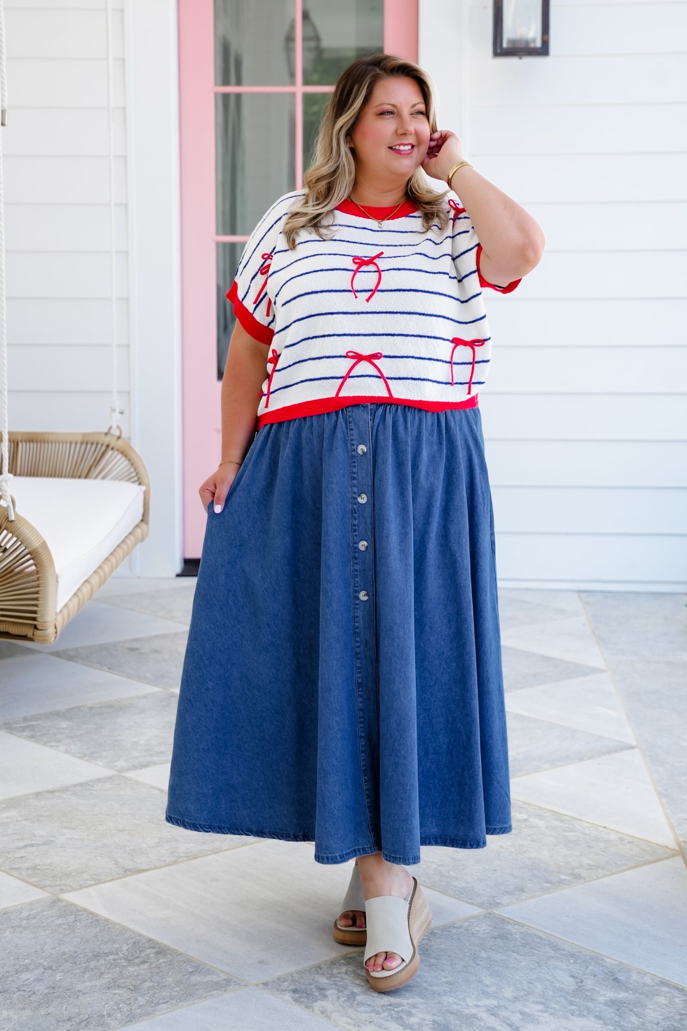 Stripe Short Sleeve Sweater with Bow Detail