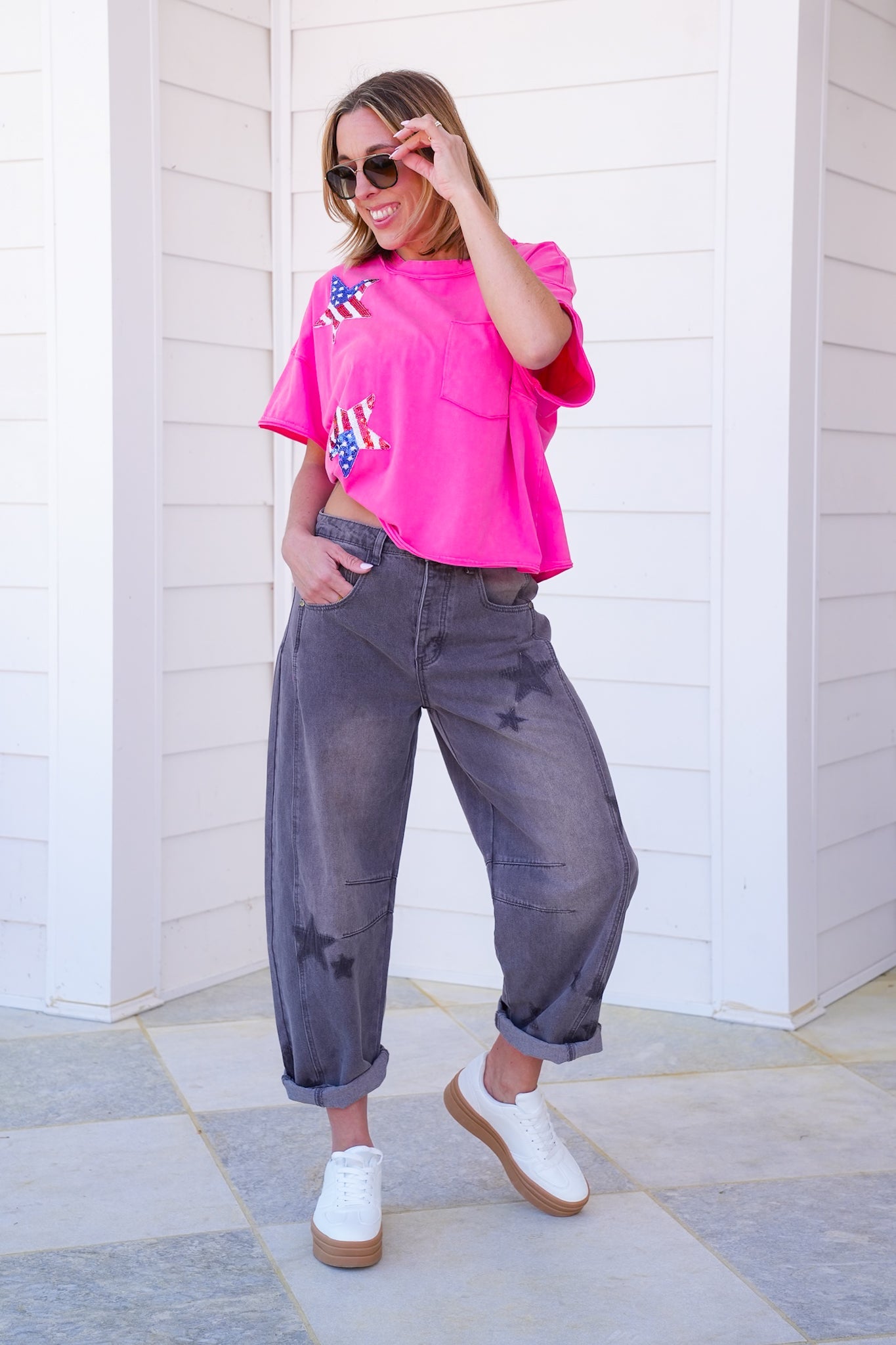 Plus/Reg Mineral Wash Short Sleeve Top with Sequin Star Patch Detail