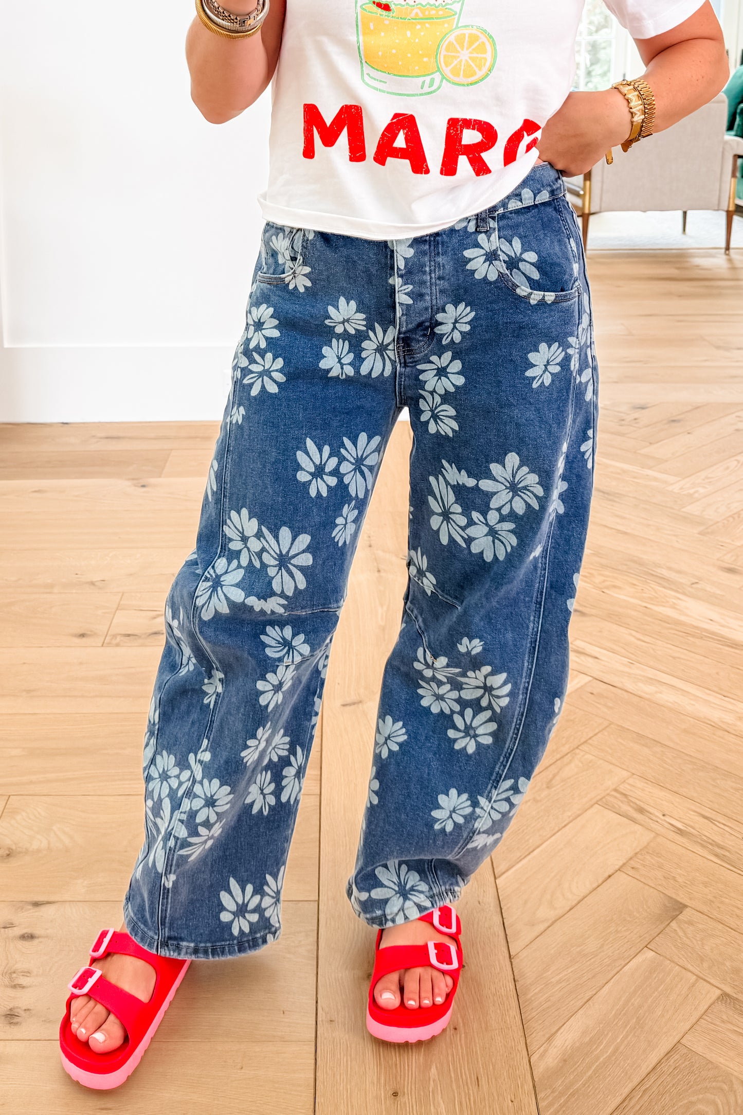 Floral Print Relax Fit Barrel Jeans