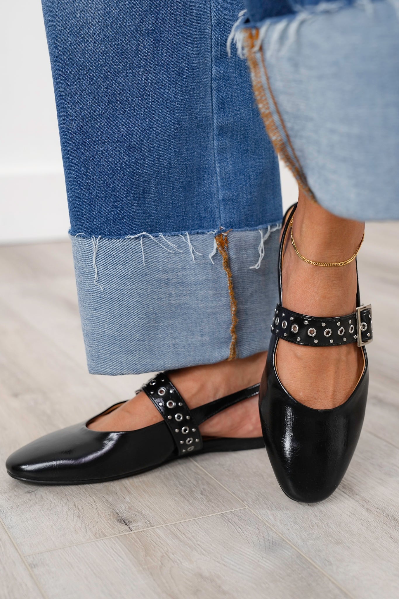 Pointed Toe Slingback Flats with Studded Buckle Strap Detail