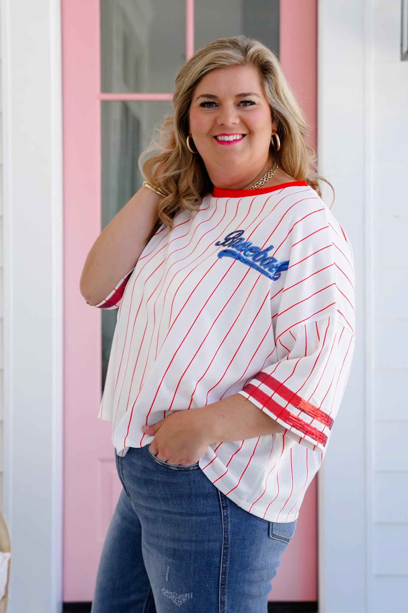 Stripe Short Sleeve Baseball Top with Sequin Detail