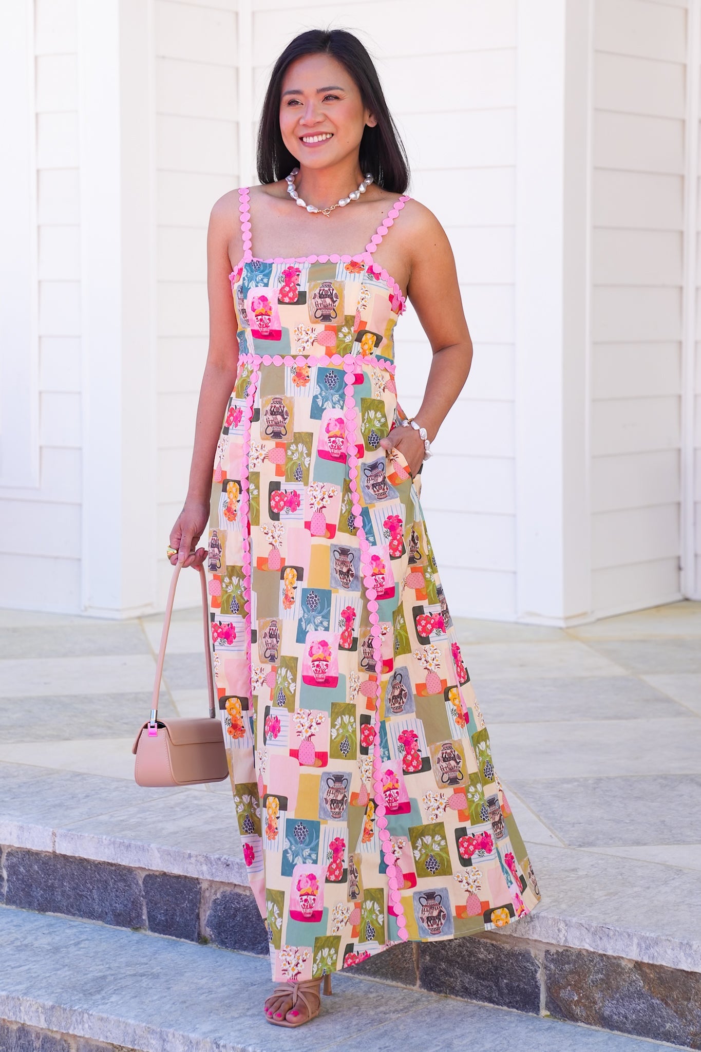 Floral Print Sleeveless Midi Dress with Trim Detail