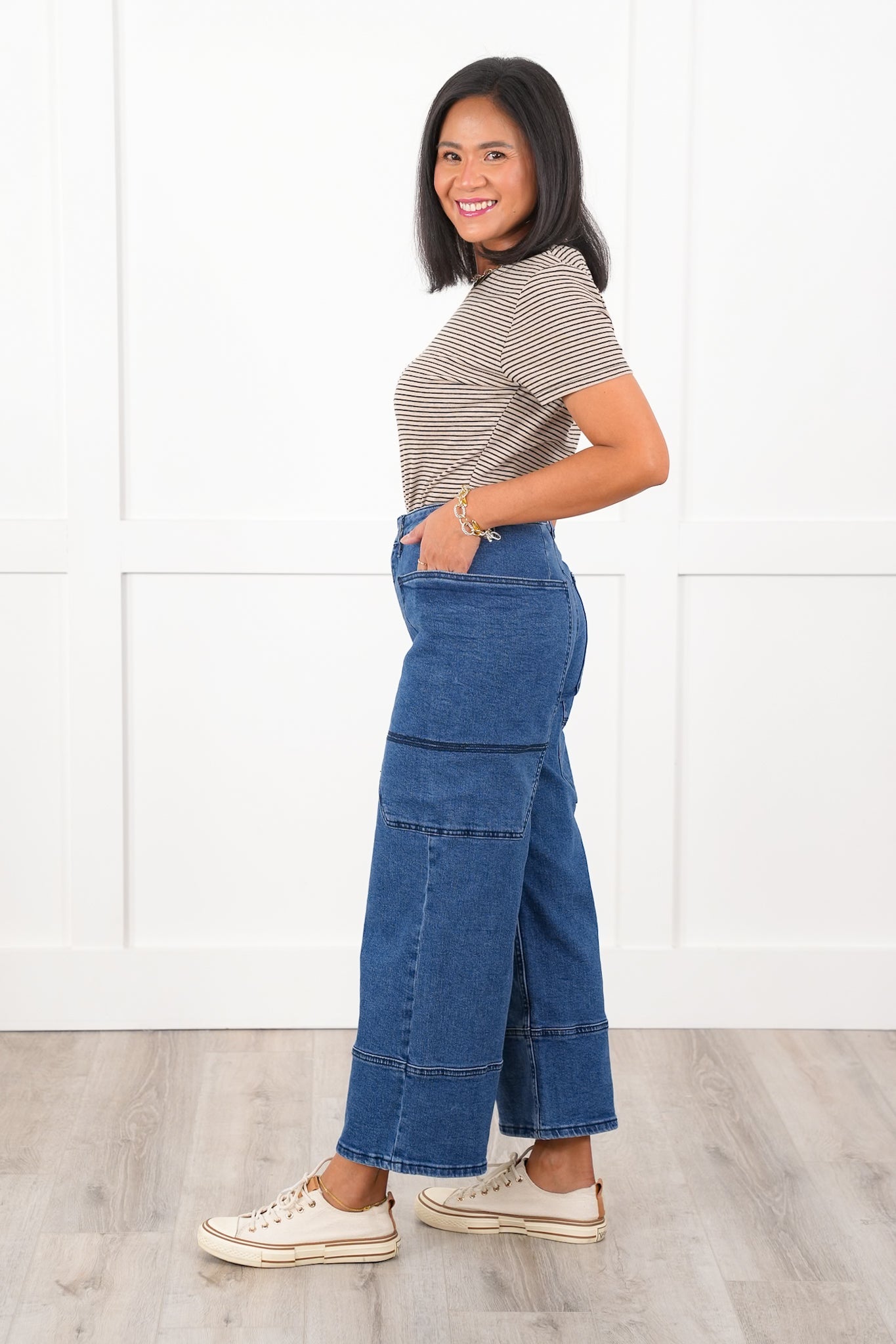 Special A High Rise Dark Wash Cropped Wide Leg Jeans with Extra Large Pockets