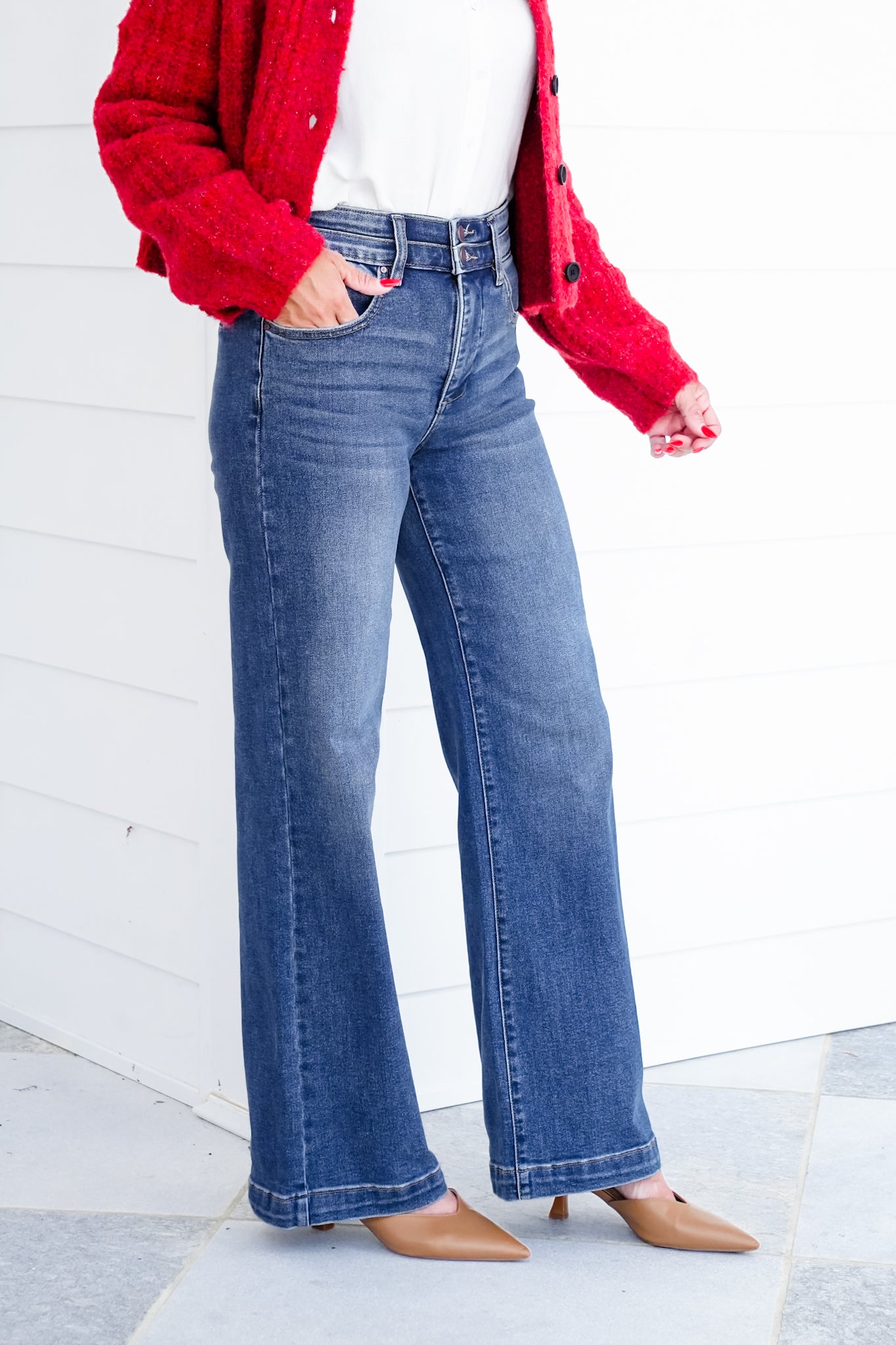 Restock! Risen Material Girl High Rise Medium Wash Tummy Control Double Button Elastic Waistband Jeans