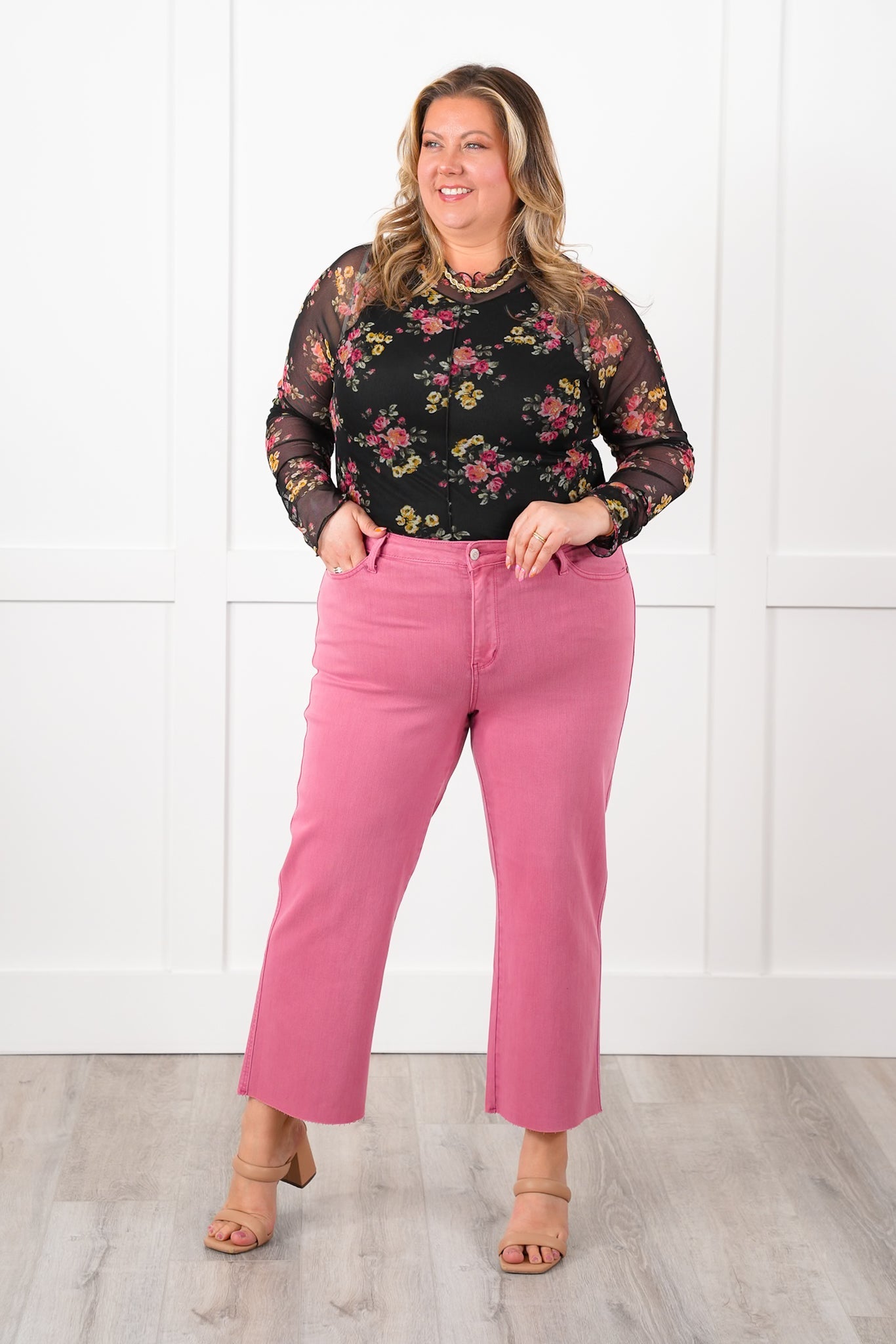 Plus/Reg Floral Long Sleeve Mock Neck Mesh Top