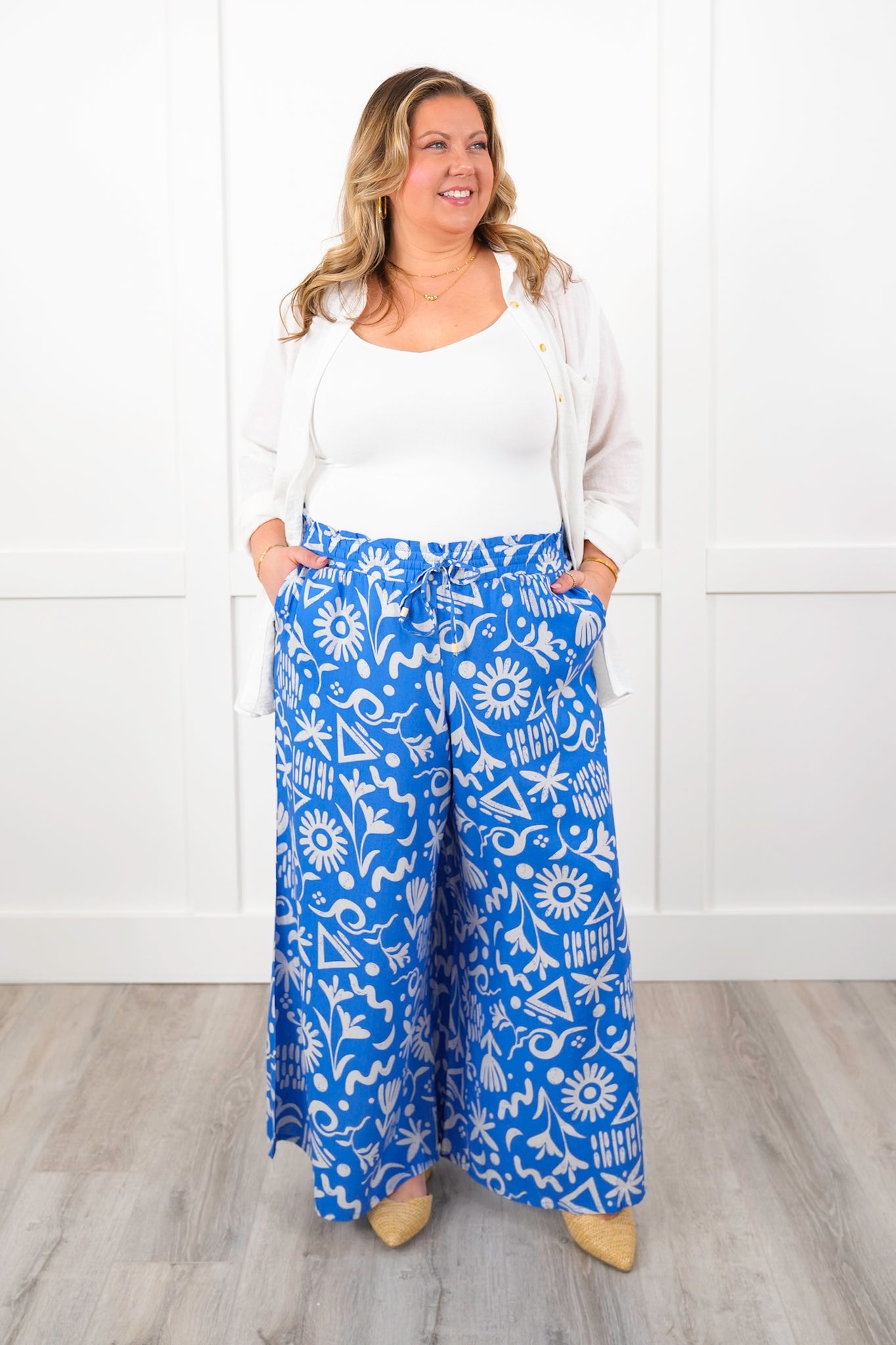 Plus/Reg Tropical Print Elastic Waist Wide Leg Pants