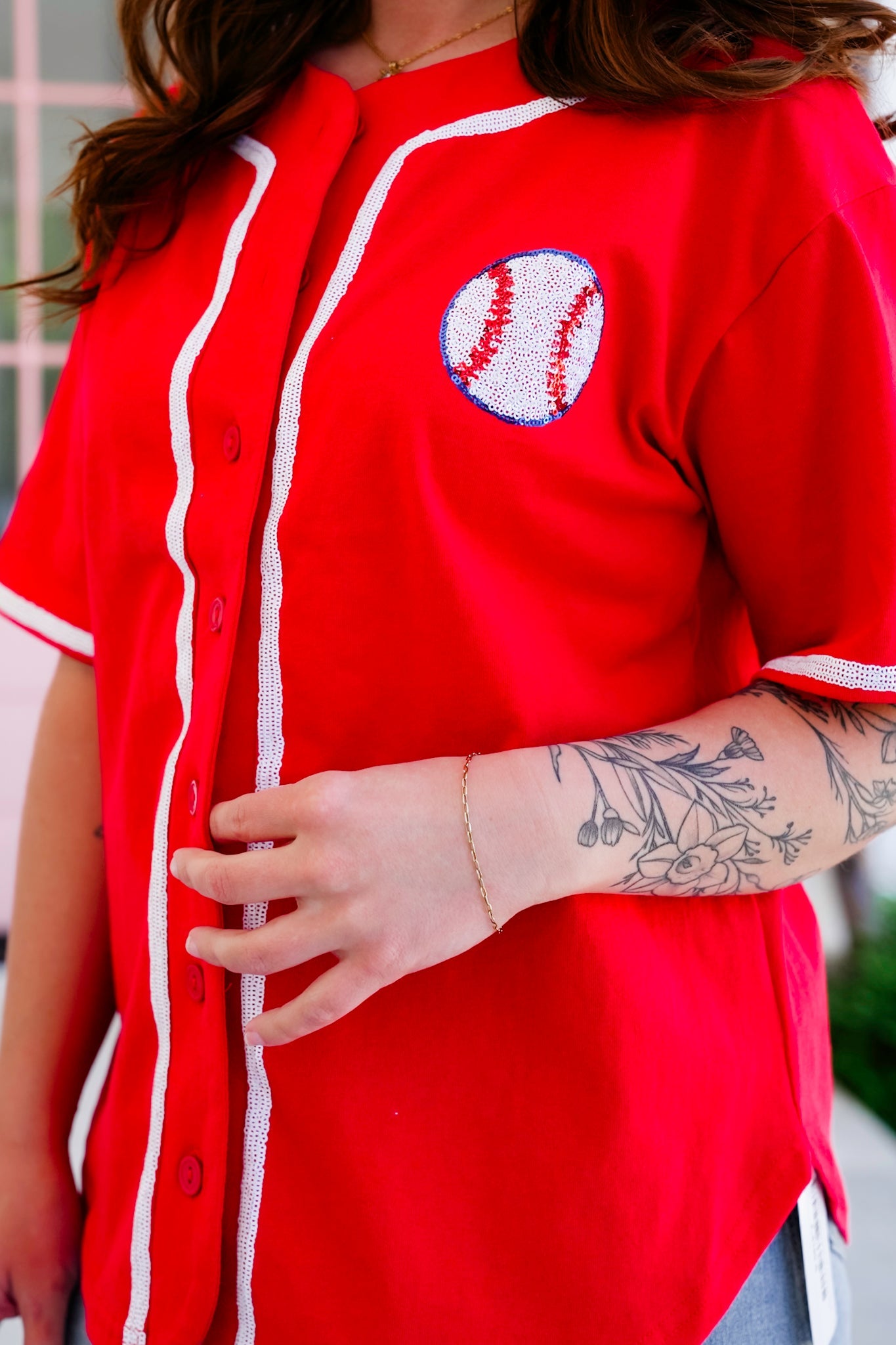 Red Short Sleeve Button Down Baseball Top with Sequin Detail