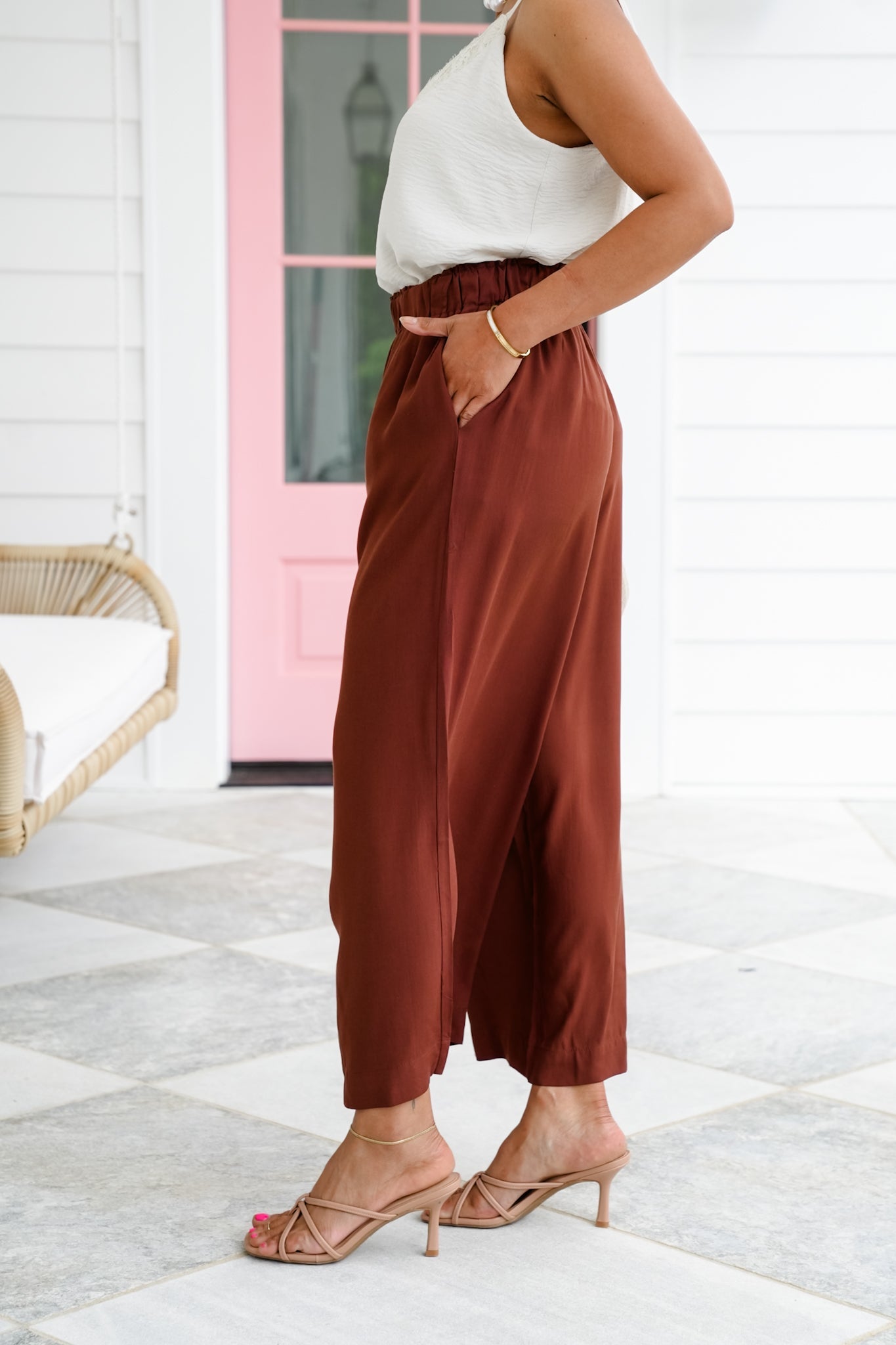 Solid Woven Elastic High Waist Wide Leg Pants