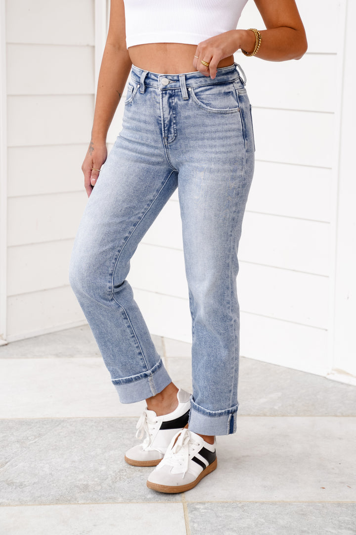 Risen High Rise Light Wash Tummy Control Straight Leg Cuffed Jeans