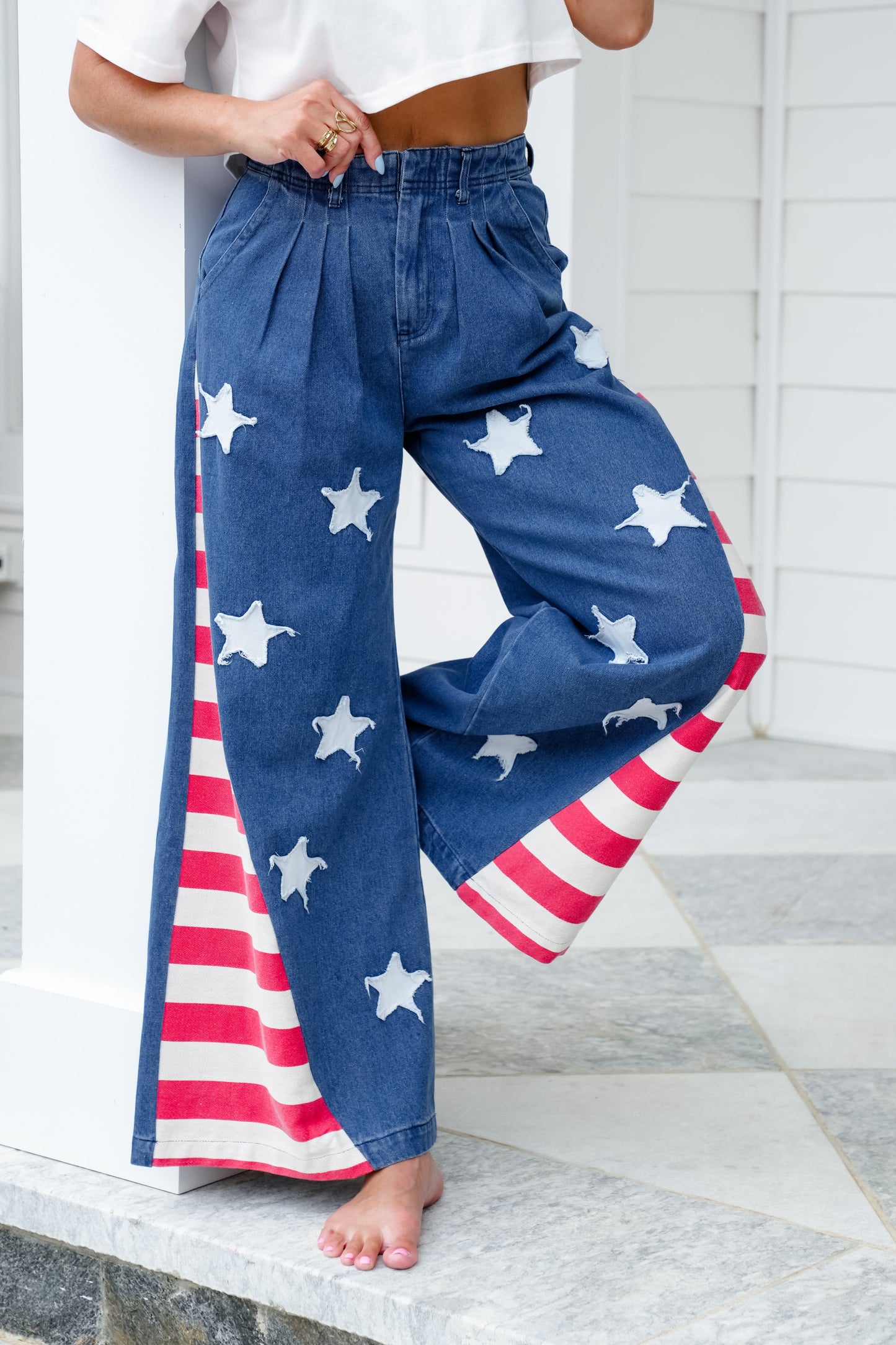 Vintage Wash Denim American Flag Patch Pants