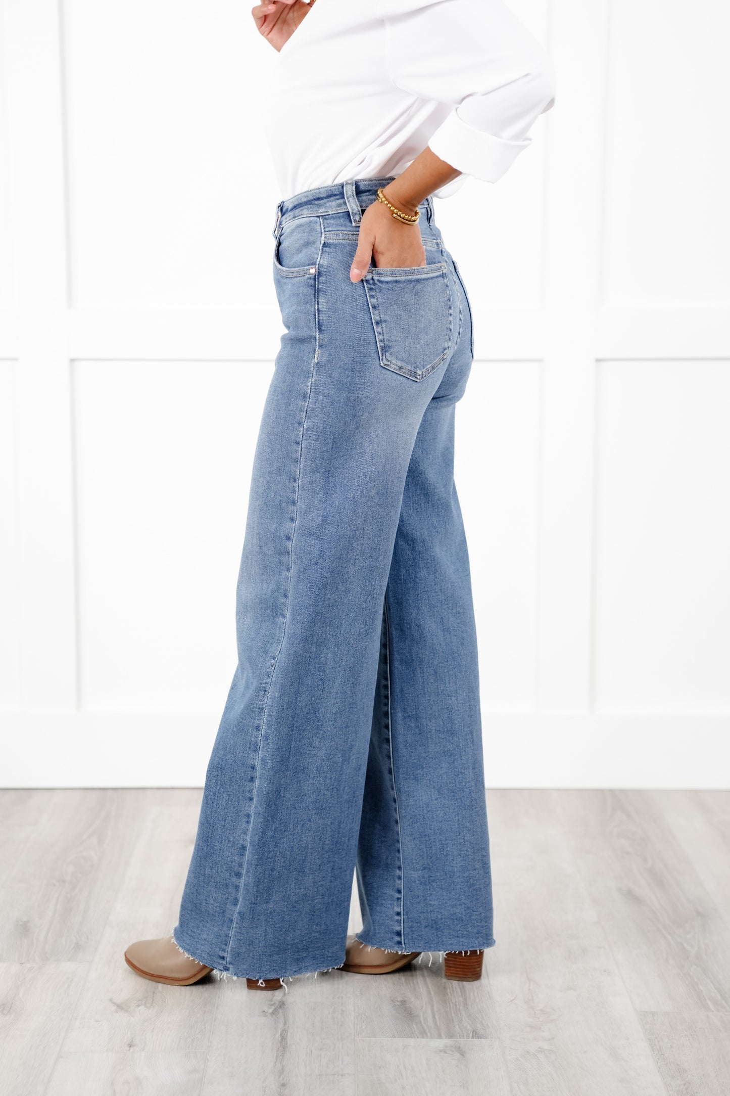 Risen High Rise Medium Wash Tummy Control Cuffed Wide Leg Jeans