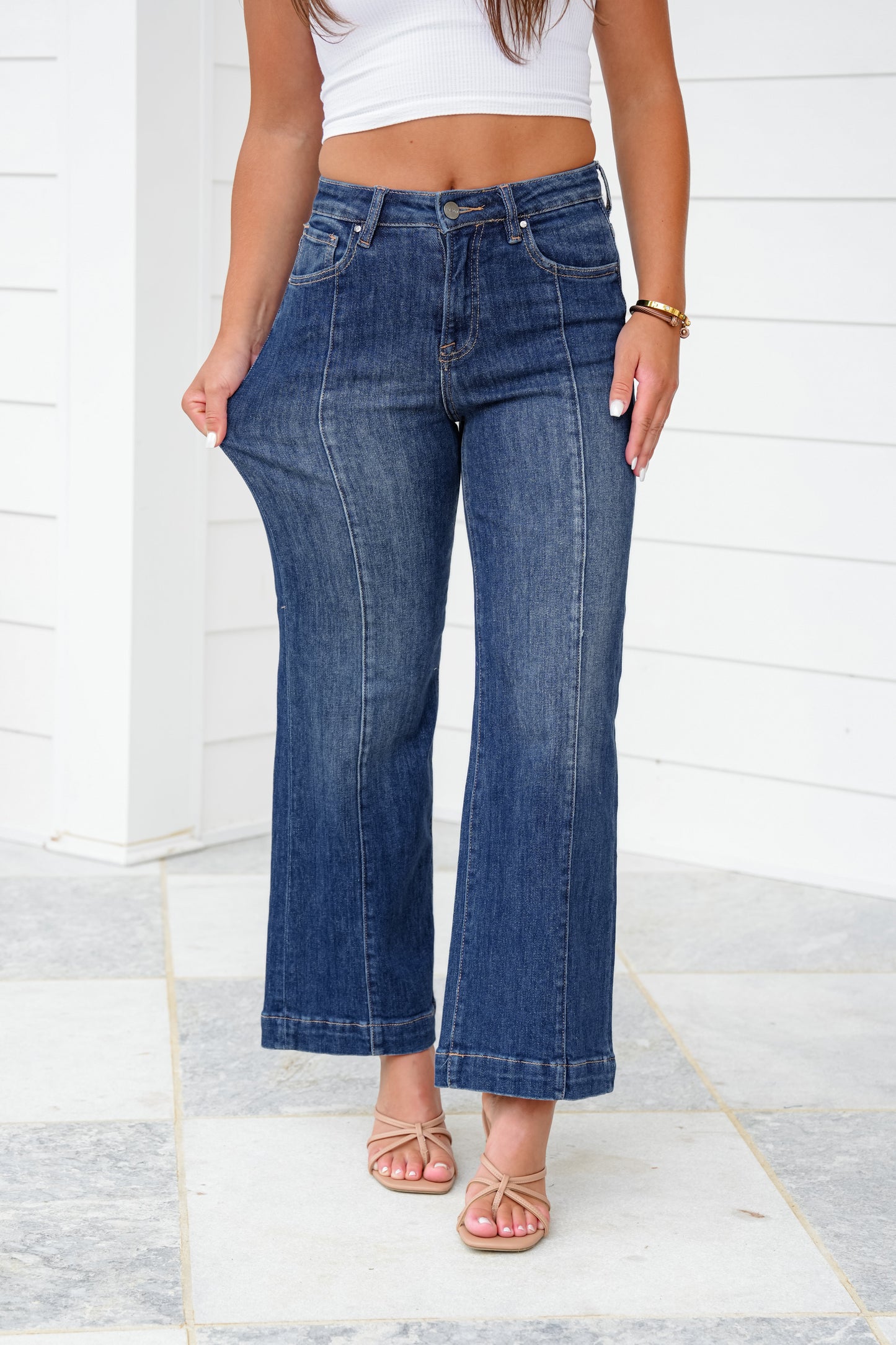 Risen High Rise Dark Wash Cropped Wide Leg Jeans