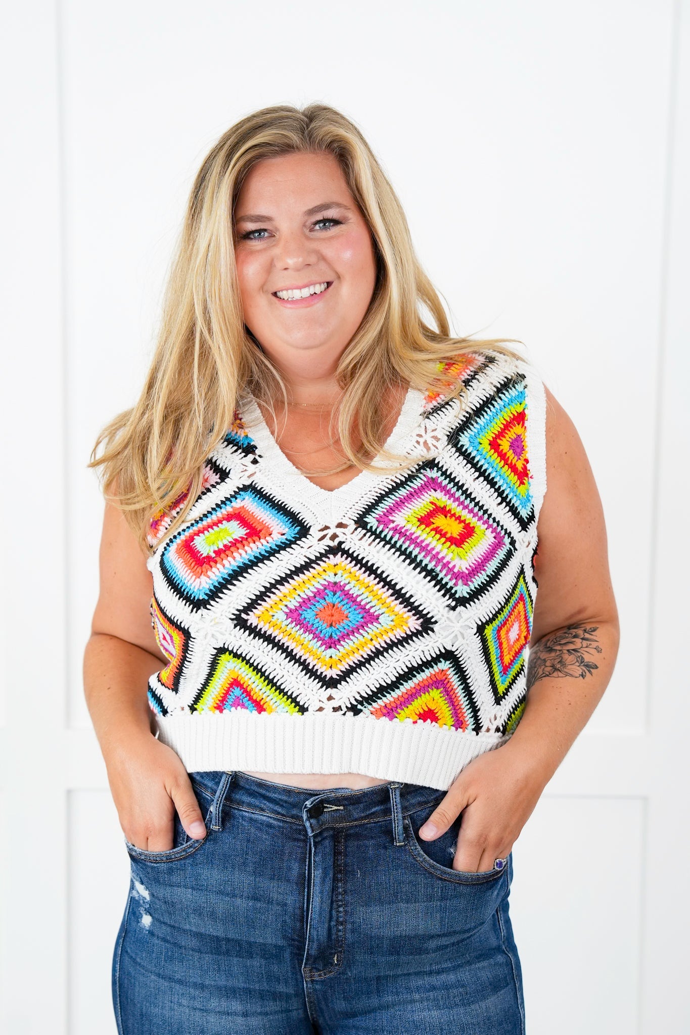 Granny Square Sleeveless V Neck Sweater Vest