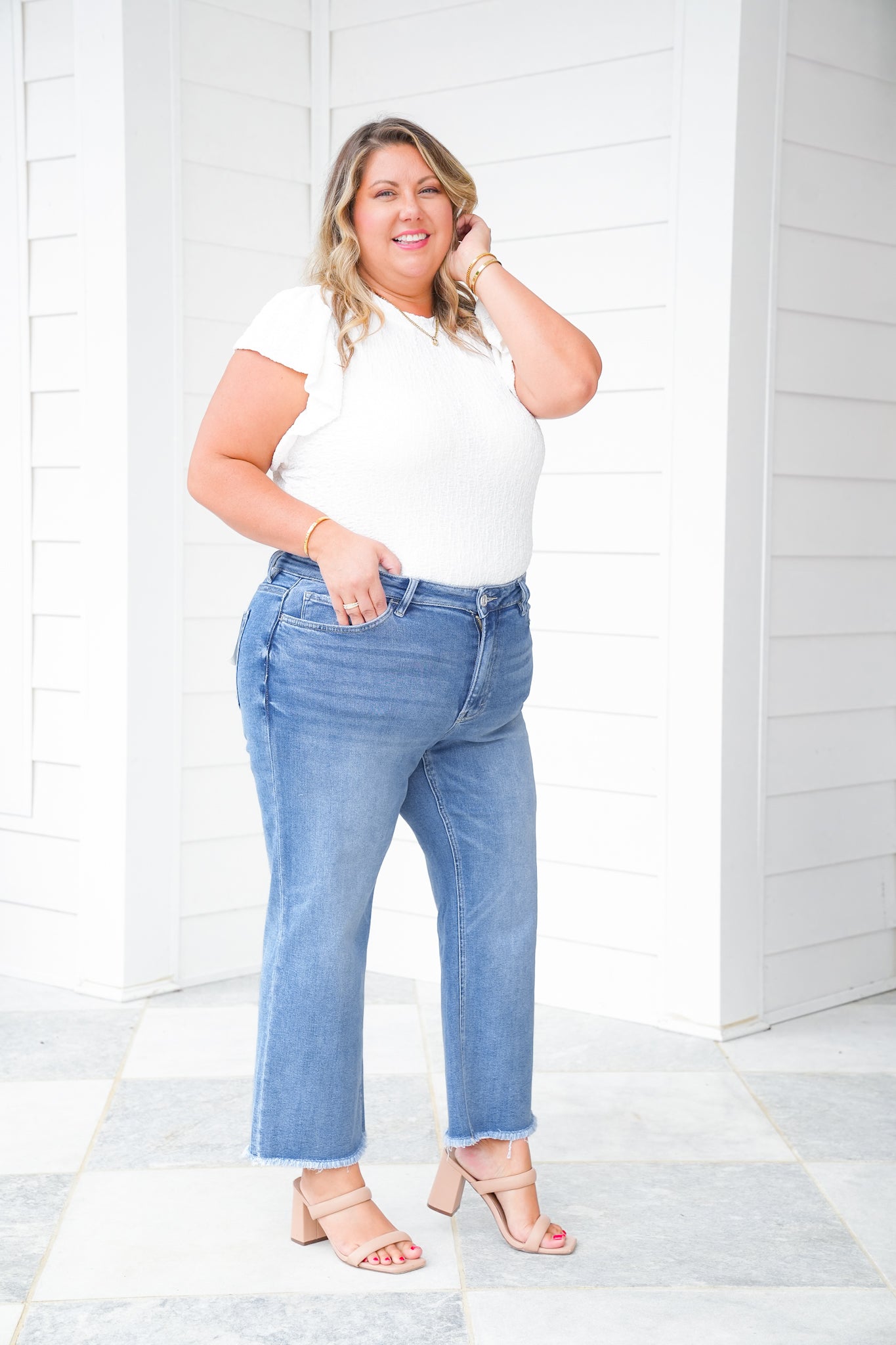 Lovervet High Rise Medium Wash Cropped Slim Wide Leg Jeans