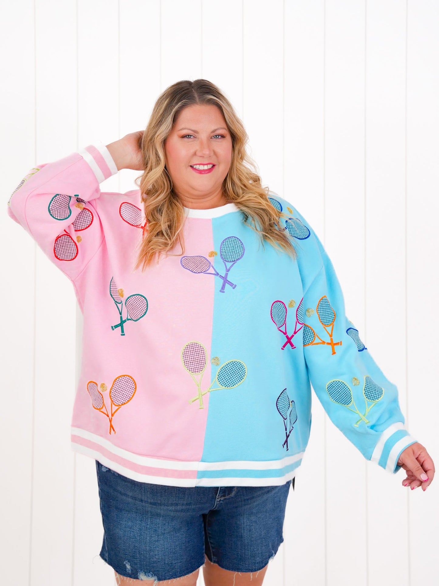 Plus/Reg Queen Of Sparkles Long Sleeve Color Block Sweatshirt with Sequin Tennis Detail