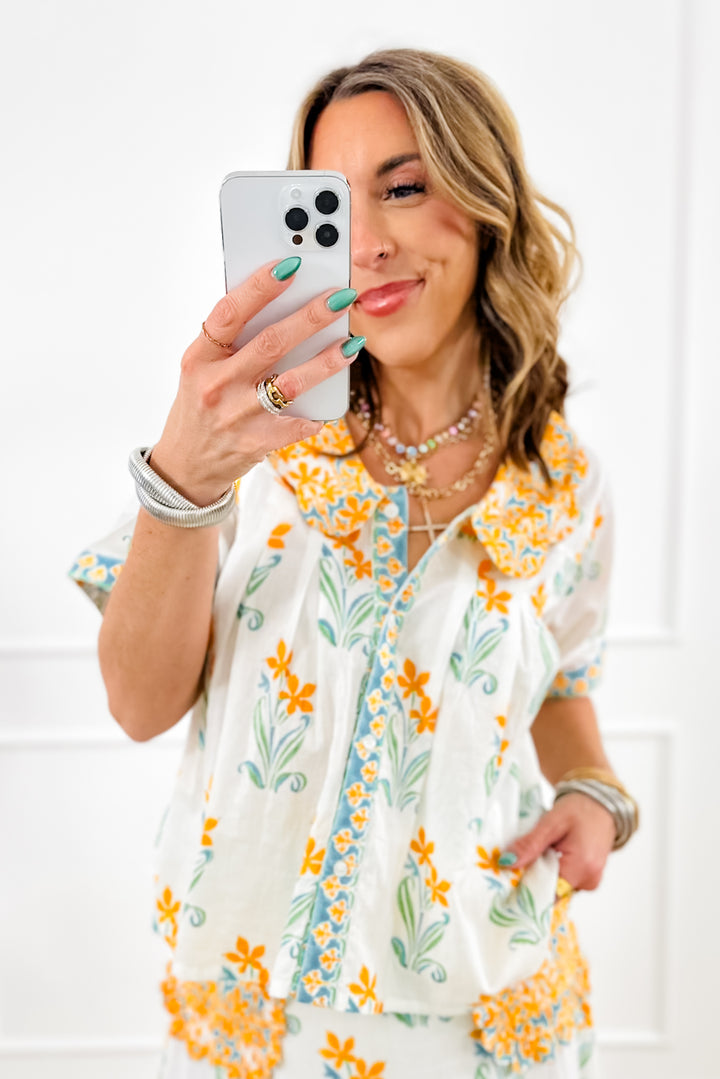 POL Floral Print Short Sleeve Button Up Blouse