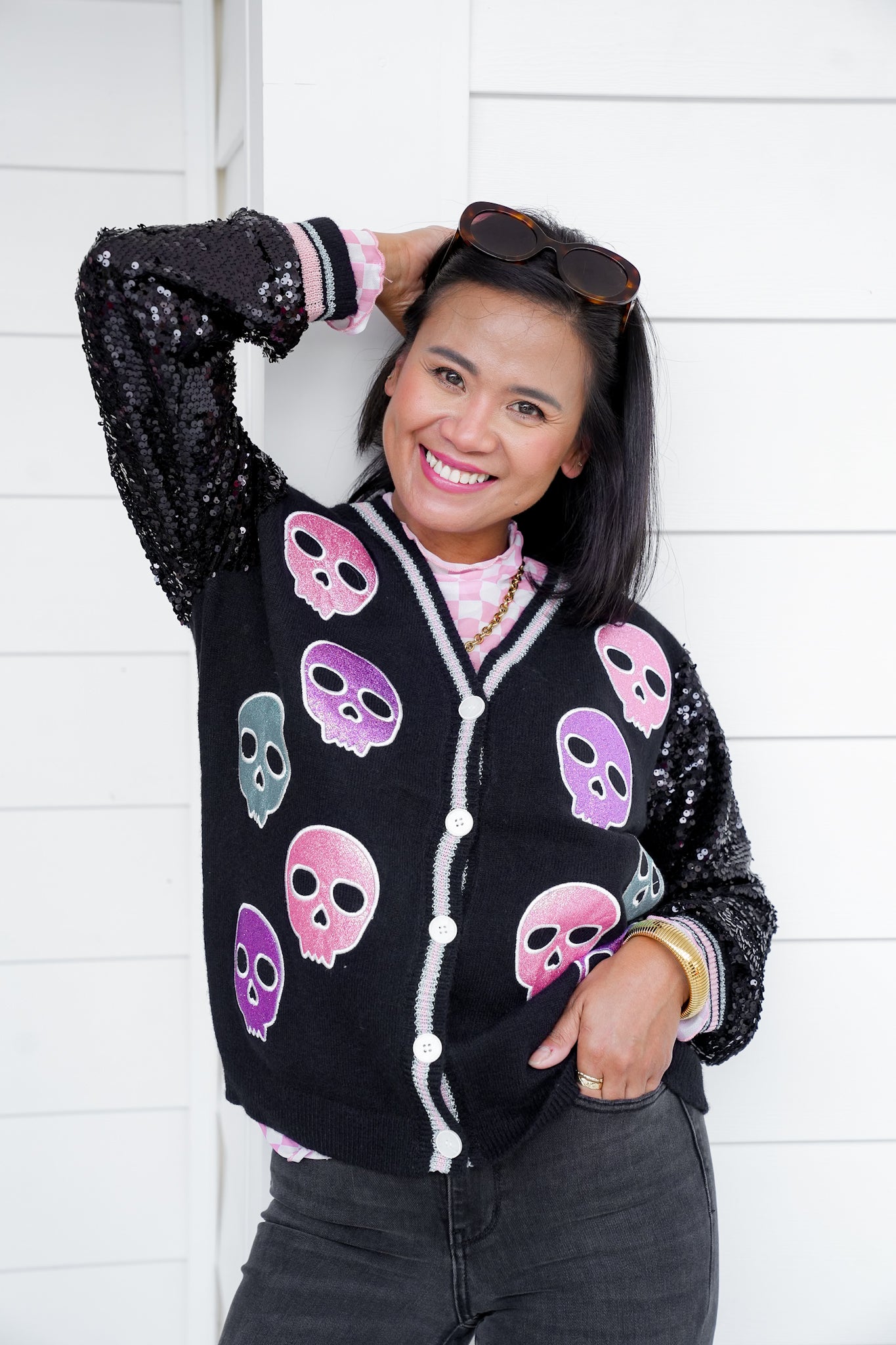 Plus/Reg Glitter Skulls Cardigan with Sequins
