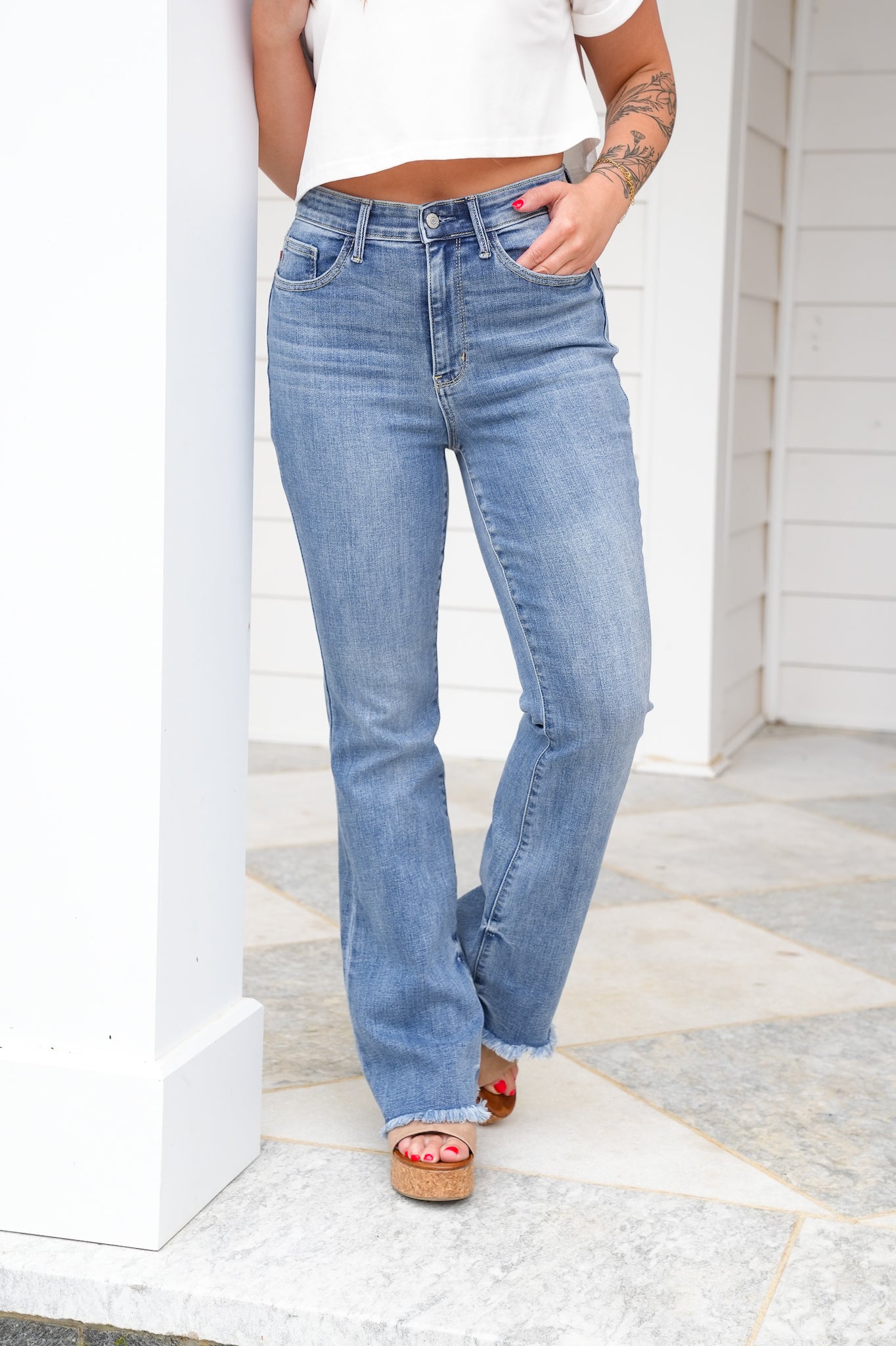Judy Blue Sunday Stroll High Rise Medium Wash Fray Hem Bootcut Jeans
