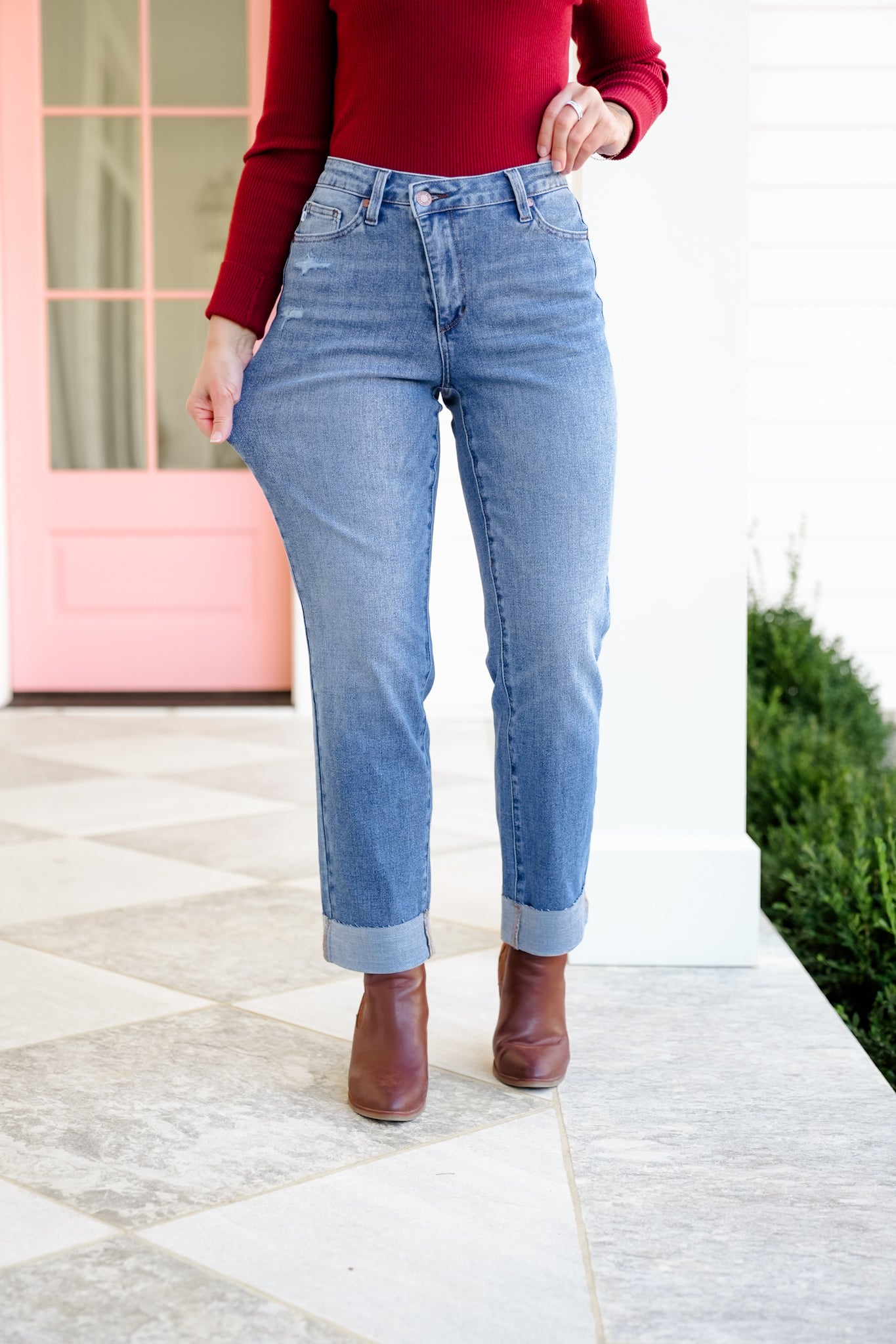 Judy Blue High Rise Medium Wash Distressed Criss-Cross Cuffed Boyfriend Jeans