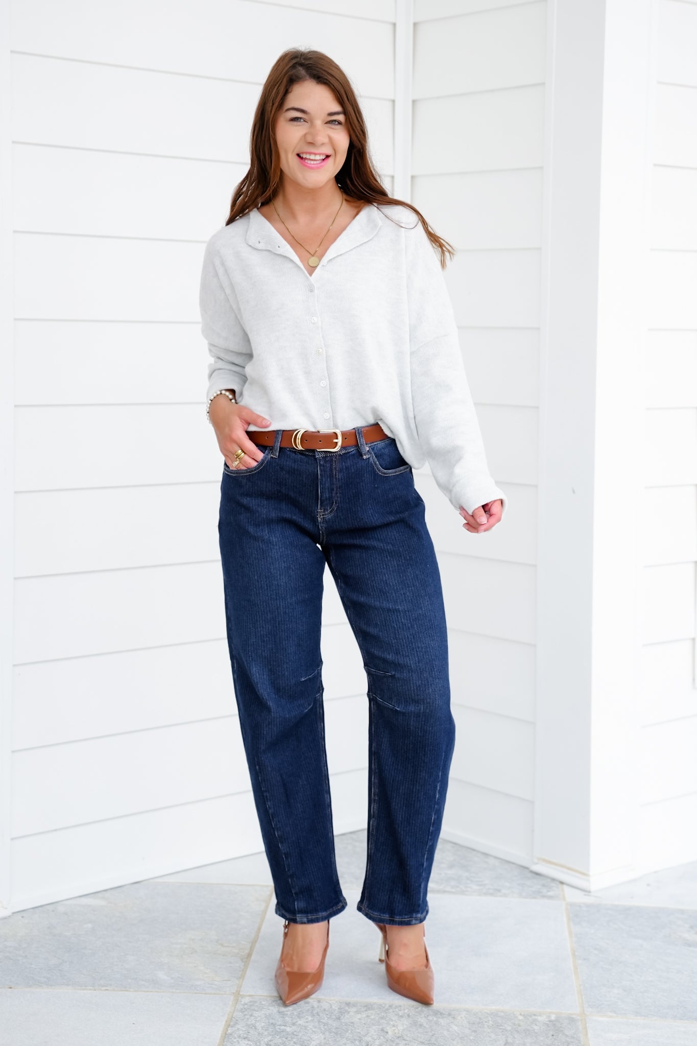 Risen High Rise Dark Wash Textured Barrel Jeans