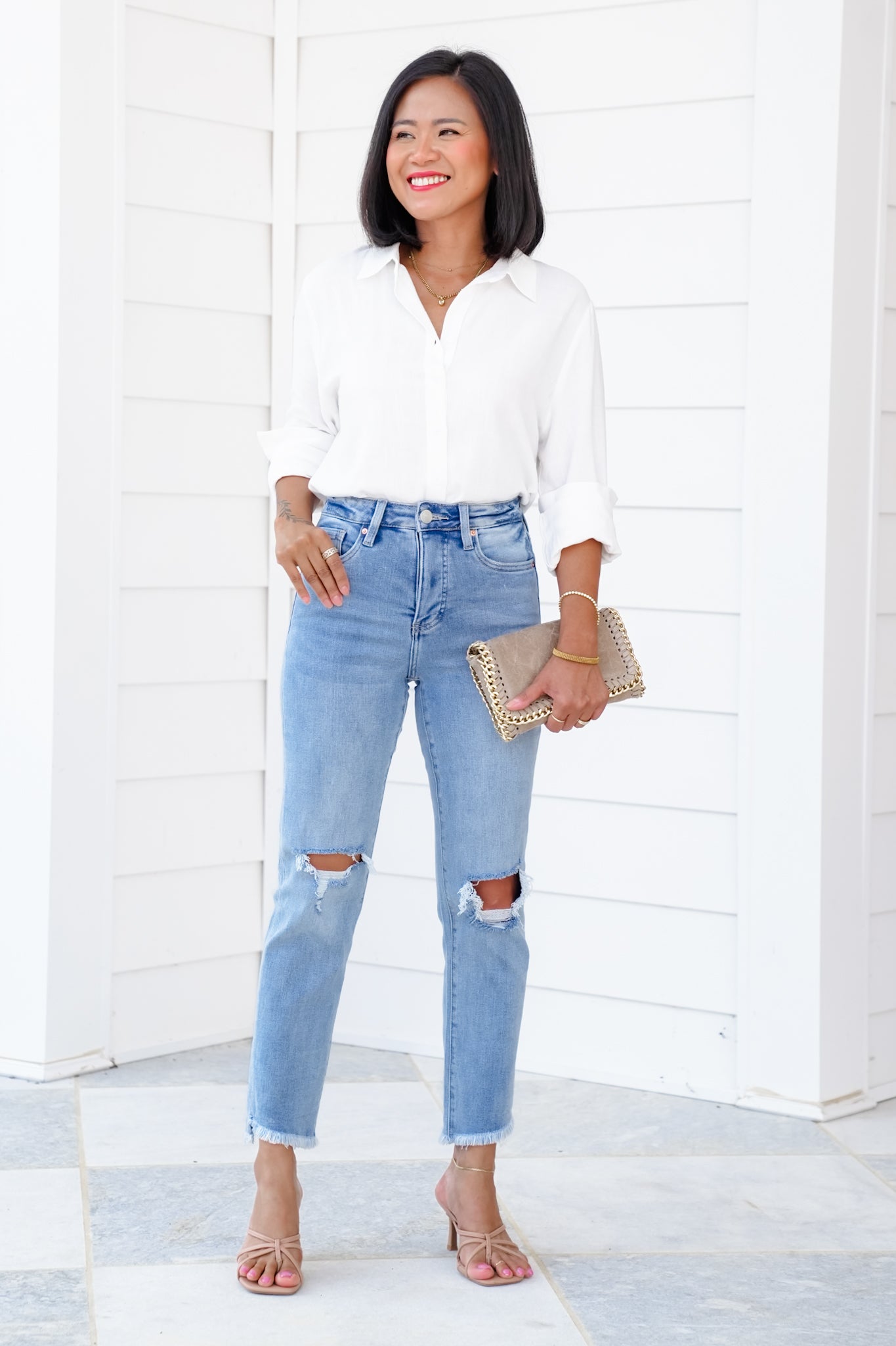 RFM High Rise Light Wash Step Fray Hem Slim Straight Leg Jeans