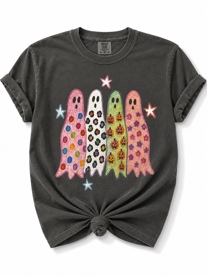 Plus/Reg Short Sleeve Vibrant Whimsical Ghosts Graphic Tee