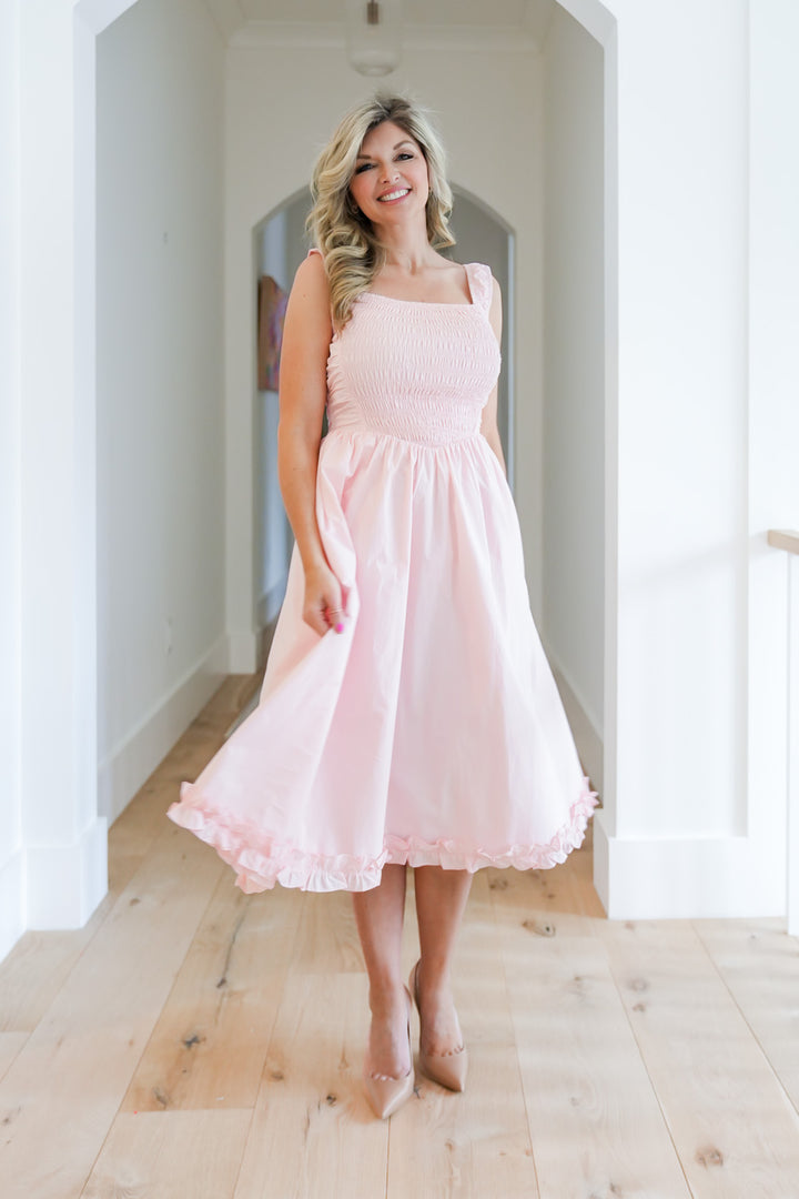 Sleeveless Smocked Midi Dress with Ruffle Hem