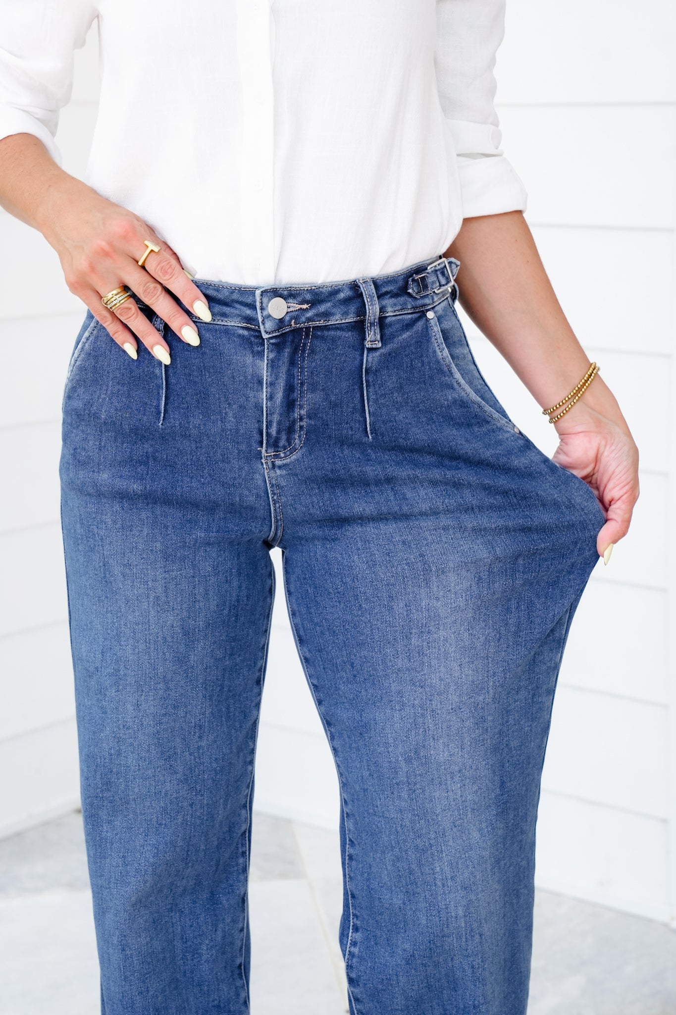 Risen High Rise Medium Wash Adjustable Waistband Wide Leg Pleated Jeans