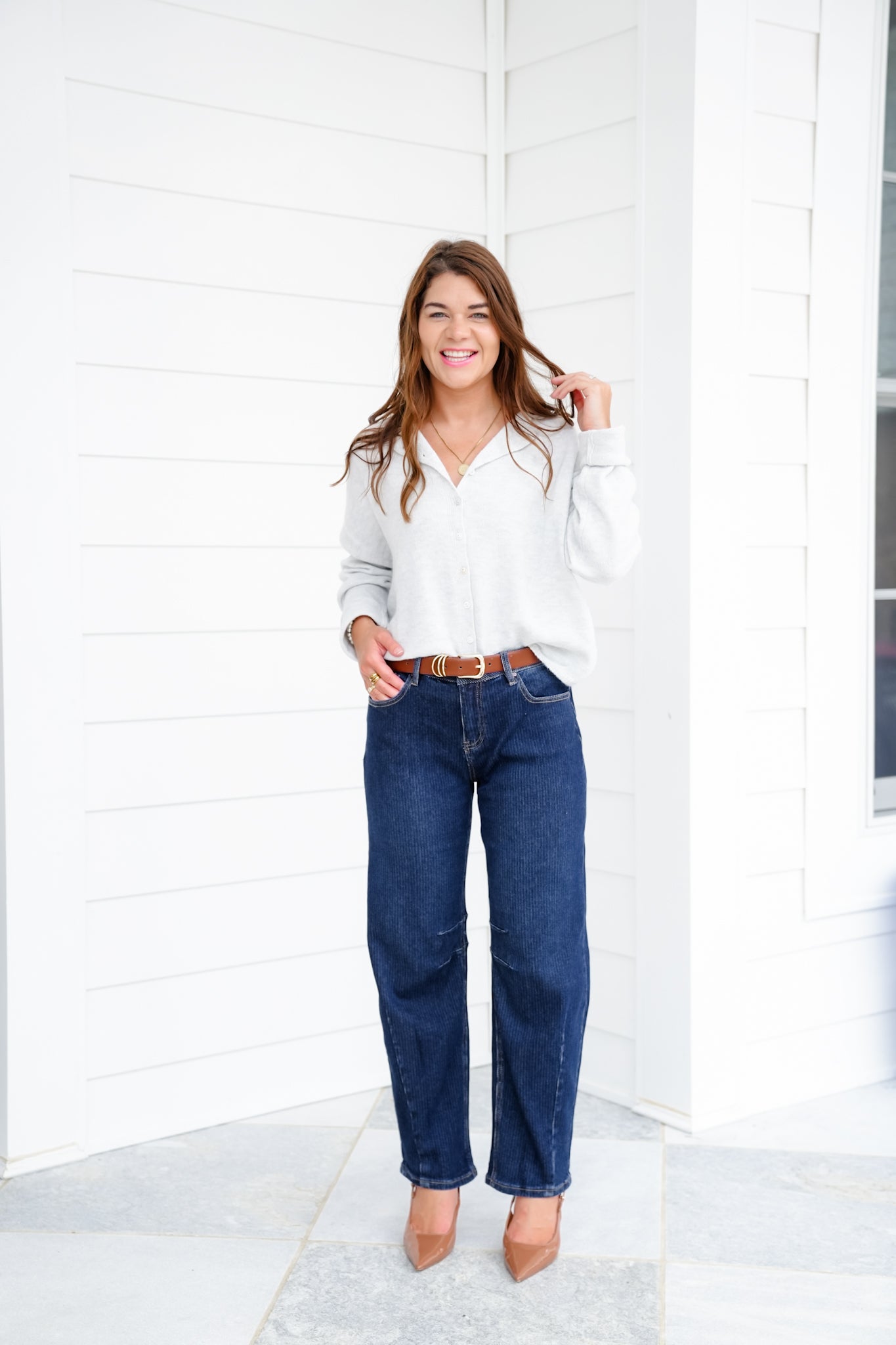 Risen High Rise Dark Wash Textured Barrel Jeans