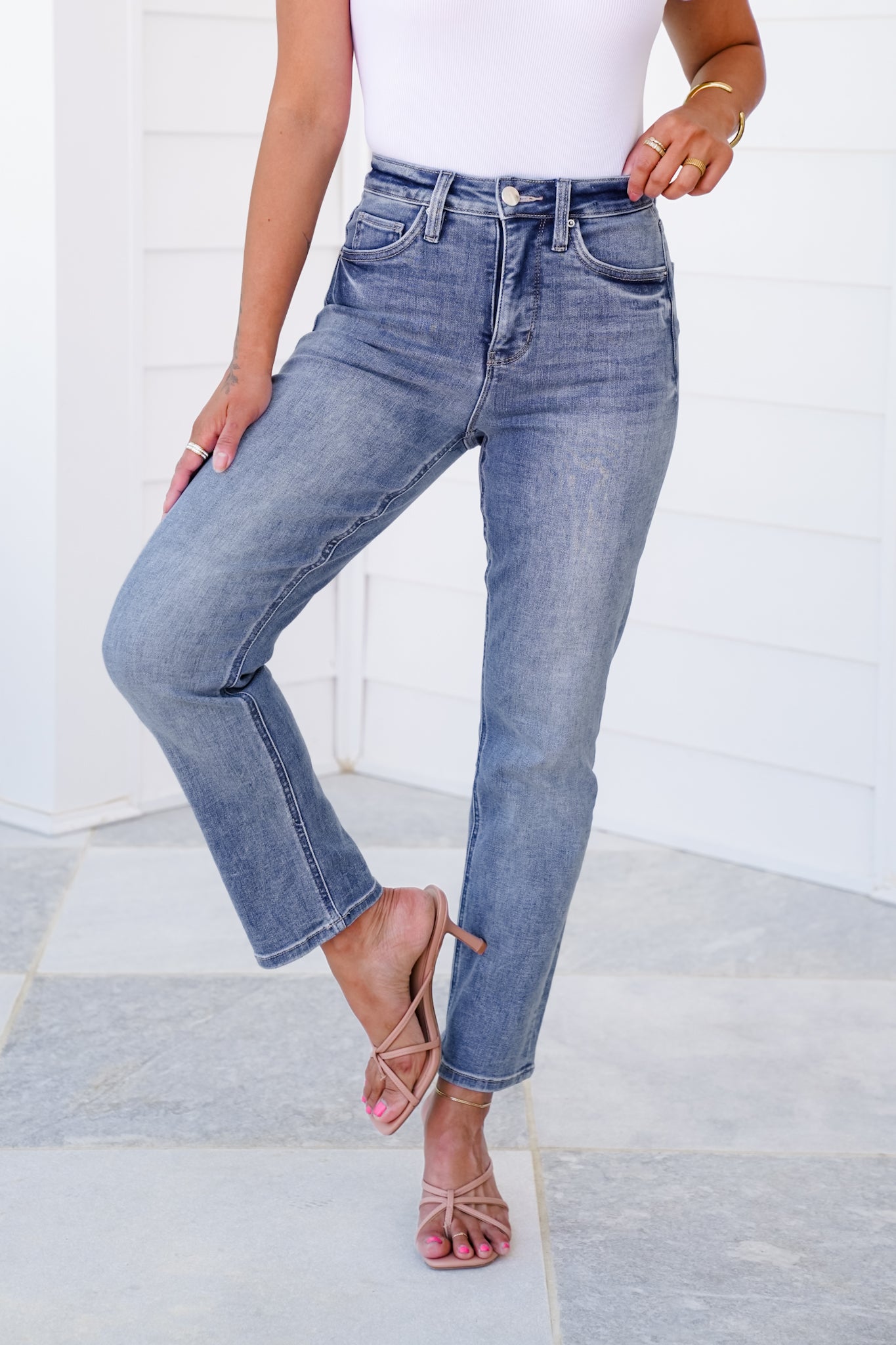 RFM High Rise Medium Wash Slim Straight Leg Jeans