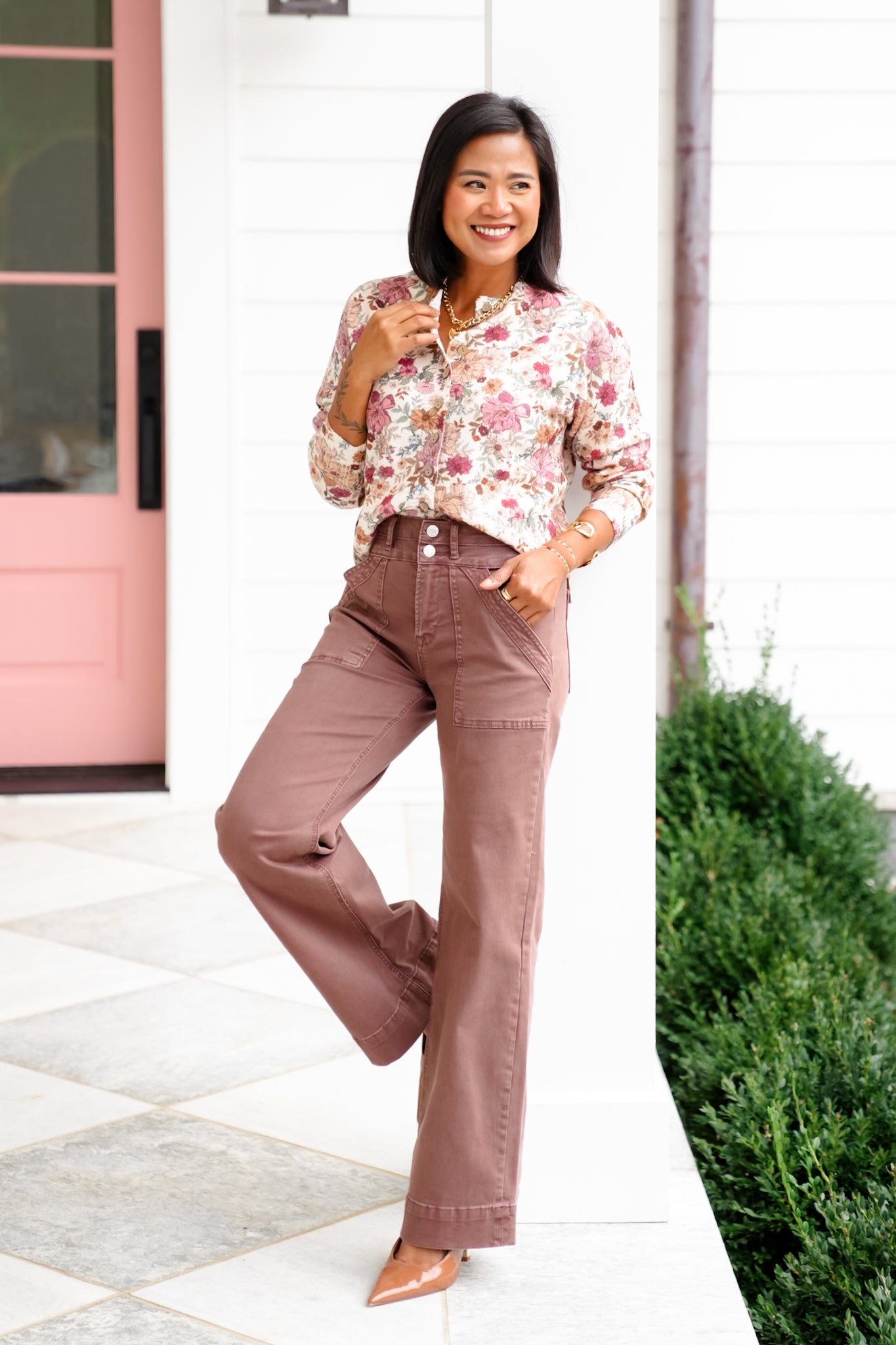 Mica High Rise Brown Double Waistband Wide Leg Jeans