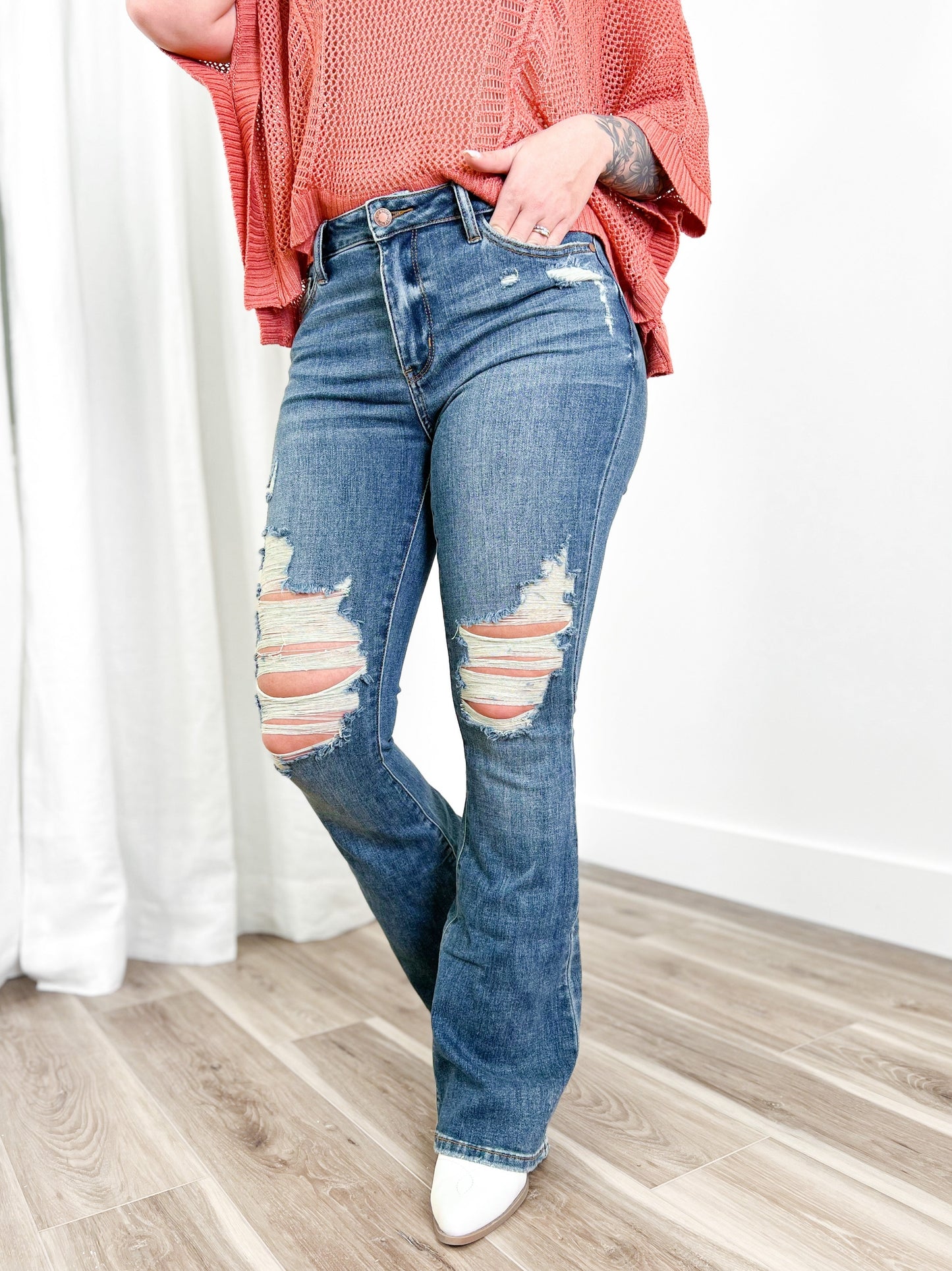 Judy Blue Country Roads Medium Wash Mid Rise Distressed Flare Long Inseam Jeans
