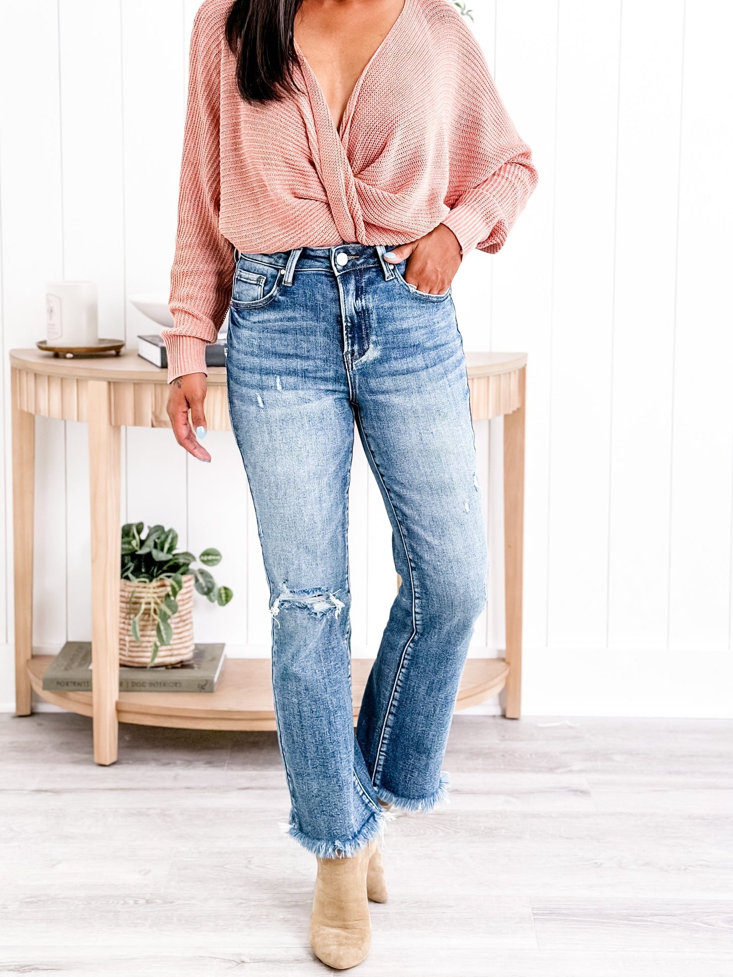 Risen Weekend Living High Rise Dark Wash Distressed Crop Kick Flare