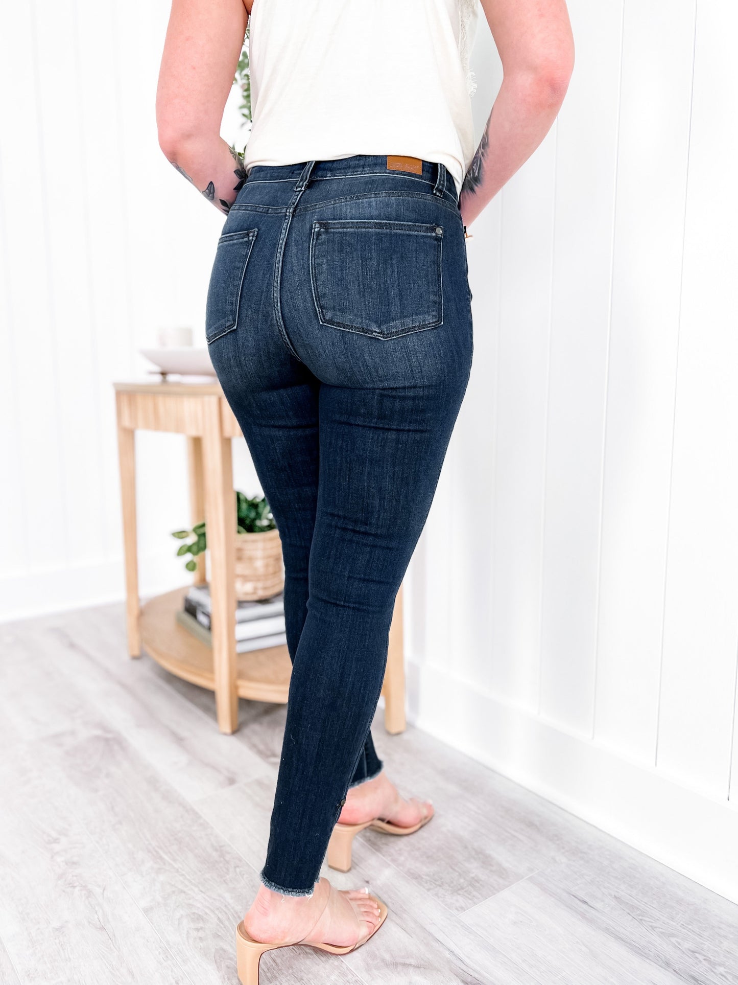 Judy Blue Dark Wash High Rise Side Slit Raw Hem Skinny Jeans